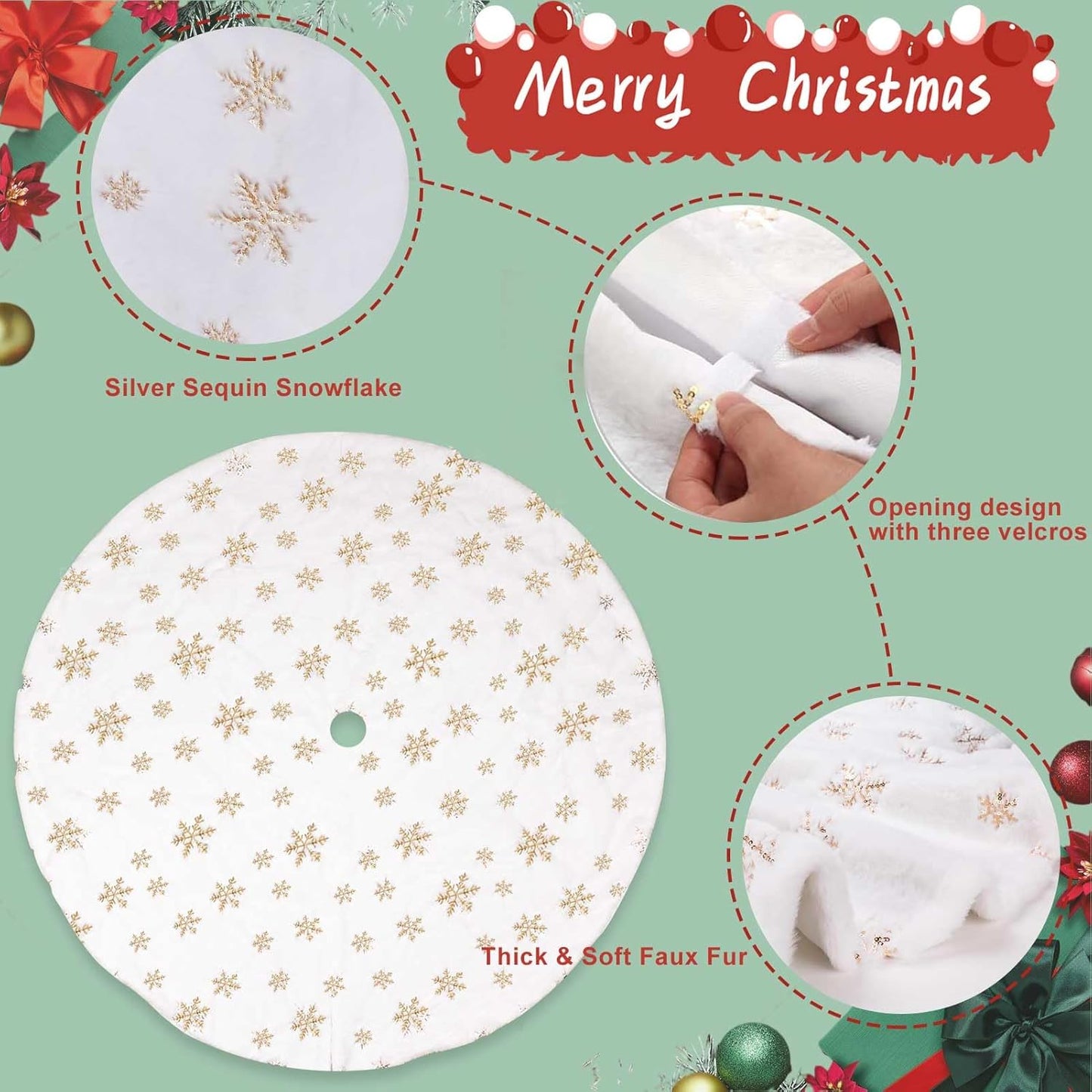Christmas Tree Skirt, 48 Inch White Luxury Faux Fur & Gold Sequin Snowflakes, 4ft Xmas Tree Skirt for Holiday Tree Ornaments Christmas Party Home Decorations