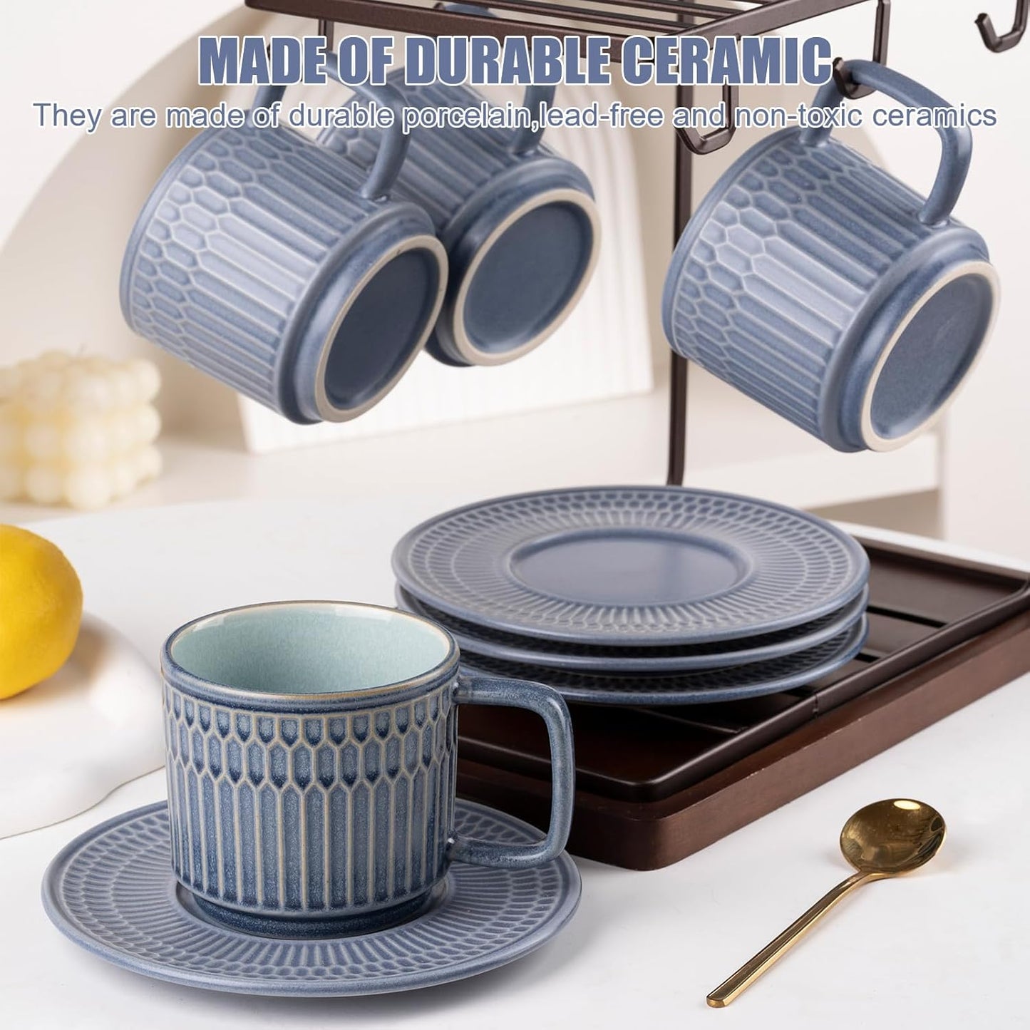 Large Cappuccino Cups with Saucers Set of 4, 8 Ounce Stackable Embossed Ceramic Coffee Mugs for Specialty Coffee Drinks, Latte, Cafe Mocha and Tea, Dishwasher & Microwave Safe (Blue)