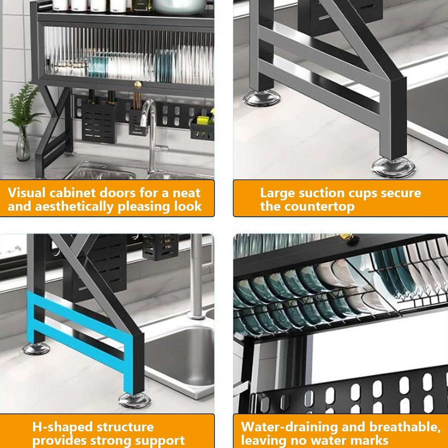 Kitchen sink rack dishwashing sink countertop dustproof cupboard storage multifunctional tableware storage drain rack double layer,KeepKitchen Sink Shlef Organized Space-Saving(Black,95cm/37.4in)