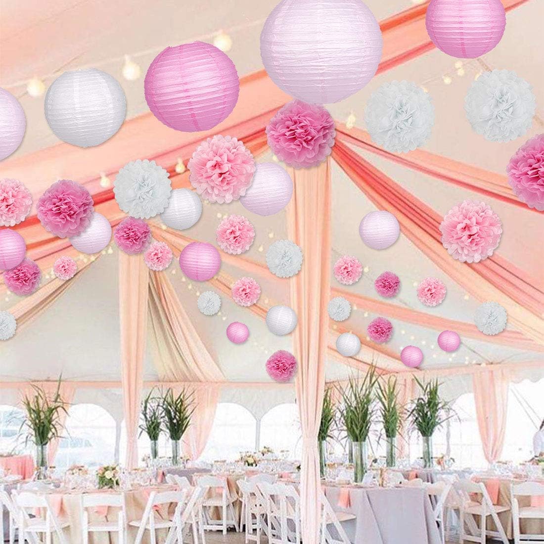 15Pcs Party Pack Paper Lanterns and Pom Pom Balls Hanging Decoration for Wedding Birthday Baby Shower-Pink/White
