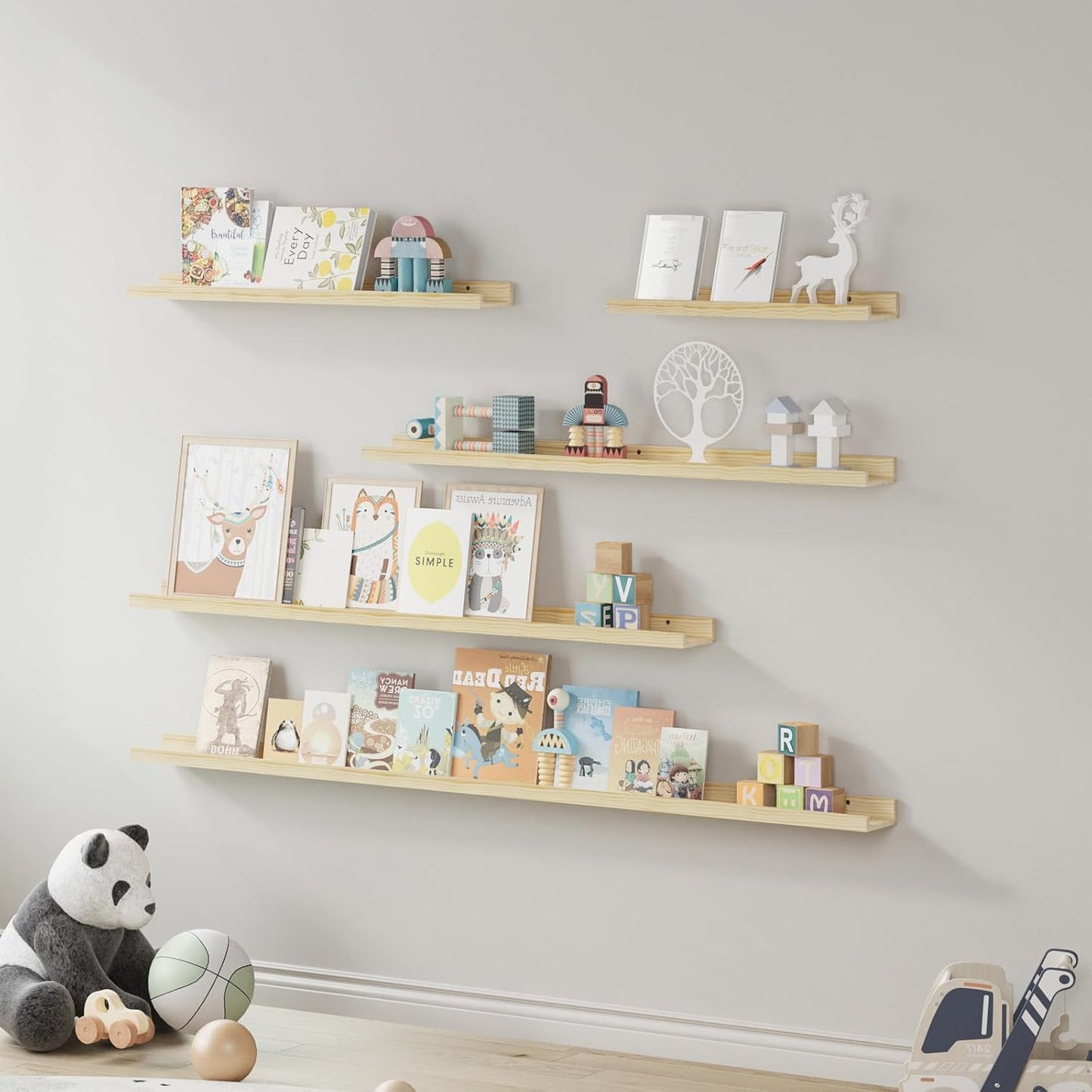 SAUMONIERES Picture Ledge Shelf Floating Book Shelves Set of 2 Wall Mounted Solid Wood for Bedroom Bathroom Living Room Kitchen, 48 Inch Natural