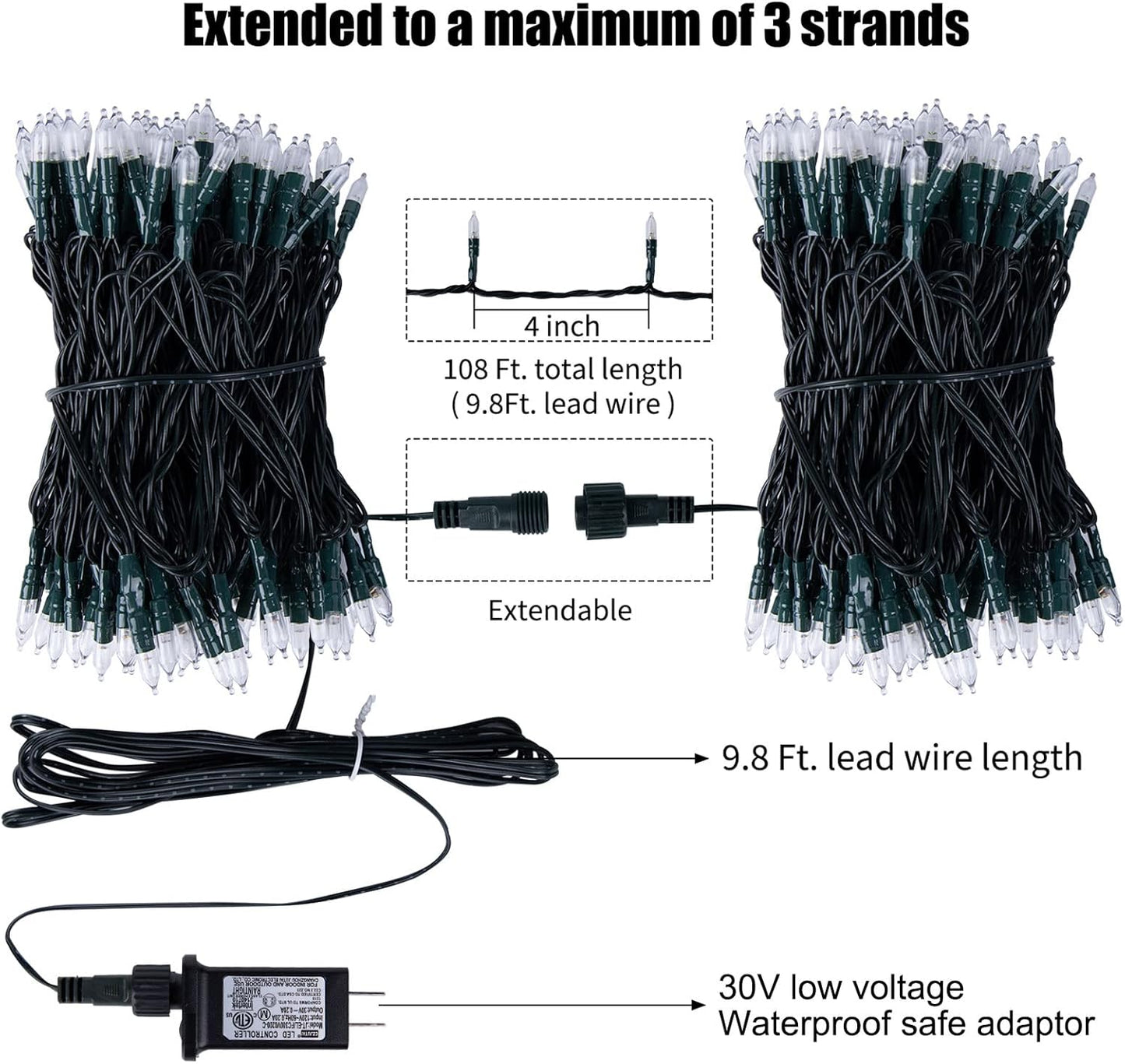 LED Christmas Mini Lights, 108 Feet 300 LED Clear Bulbs String Lights with 8 Light Modes, Connectable Fairy Lights Plug in for Outdoor Xmas Trees Garland Wreath Holiday Decorations, Warm White