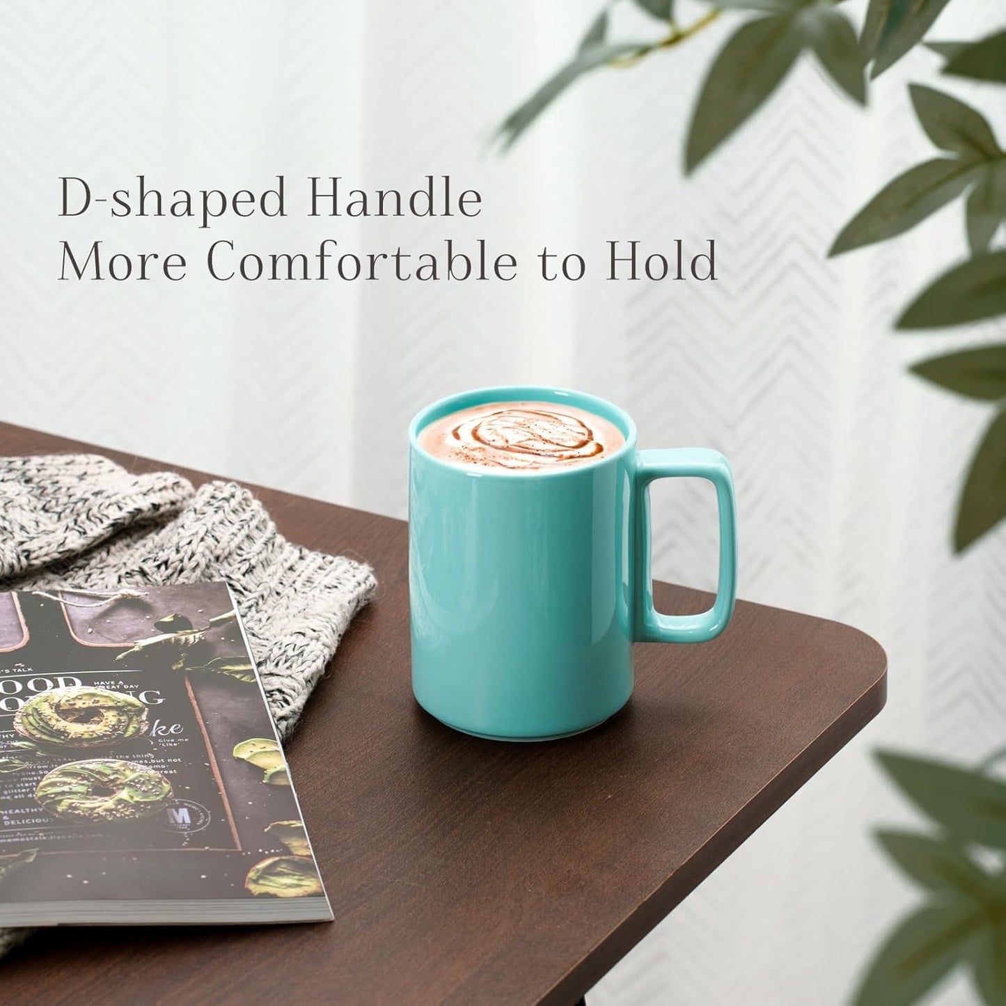 E-liu Porcelain Tea Mugs Coffee Mug Set, Large 15 Ounces Cups for Coffee, Tea, Cocoa, and Mulled Drinks, Set of 6, Turquoise