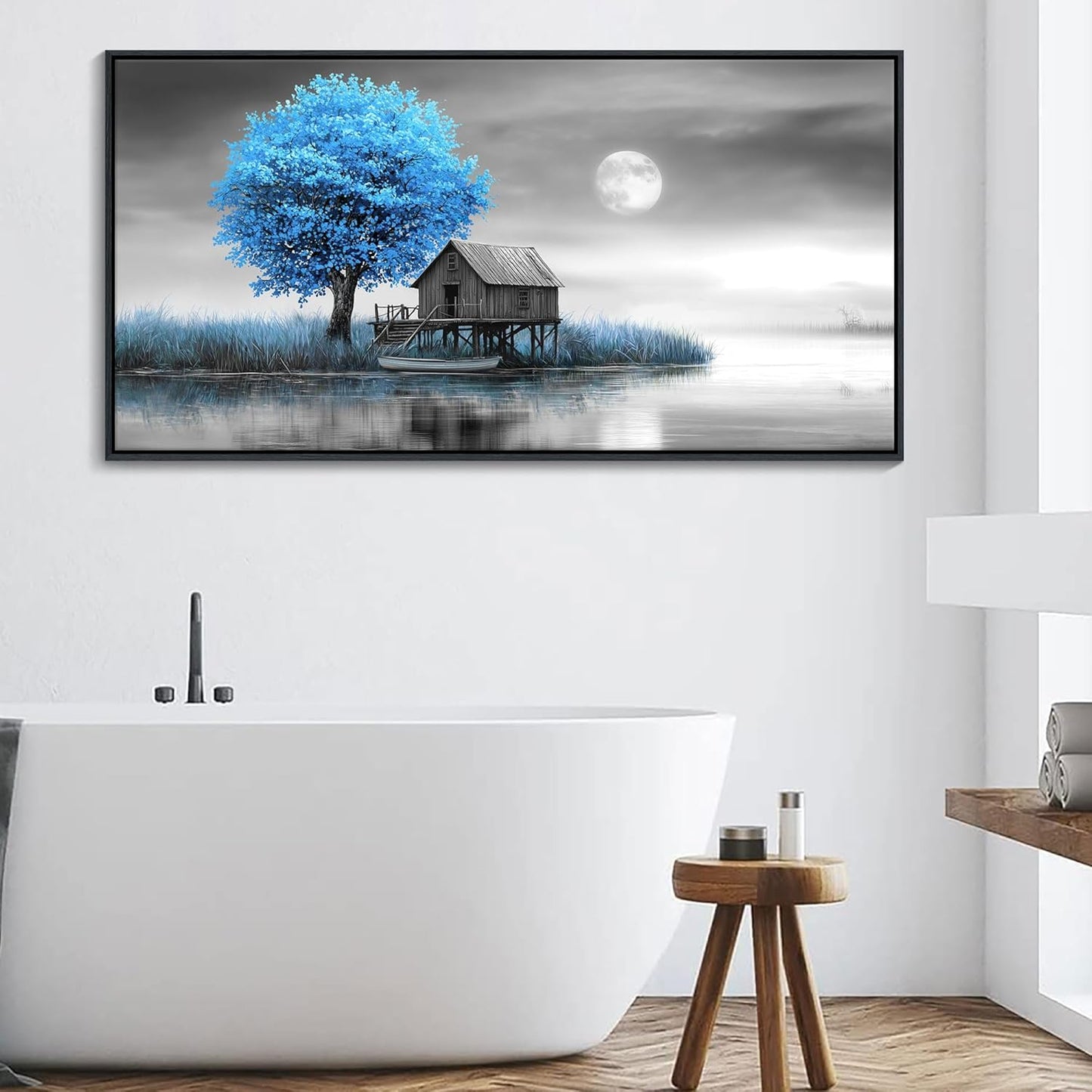 JEAWA Large Framed Canvas Wall Art - Blue Gray Picture for Living Room Home Office, Winter Landscape Canvas Paintings, Moon Pictures Wall Decor, Tree Artwork Print, 29x58 IN