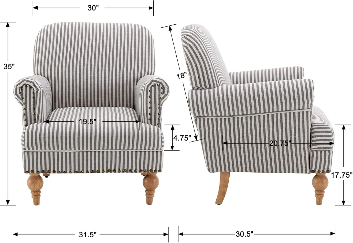 chairus Linen Accent Chair for Living Room Upholstered Mid Century Modern Single Sofa Chair with Solid Wood Legs Comfy Reading Chair Armchair for Bedroom/Office Room/Recption/Lounge, Black Stripe