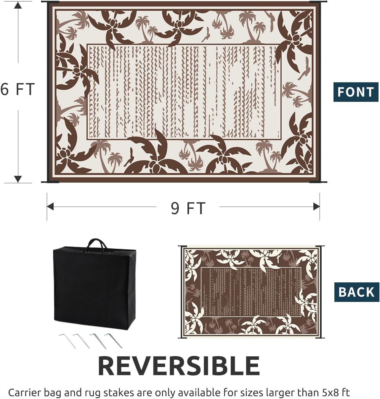 COCOER Outdoor-Rug 6x9 ft Waterproof Reversible Outdoor Plastic Straw Rug RV Indoor Outdoor Carpet Quick Dry Patio Rug Camping Mat for Balcony Backyard Picnic Beach-Brown&Beige