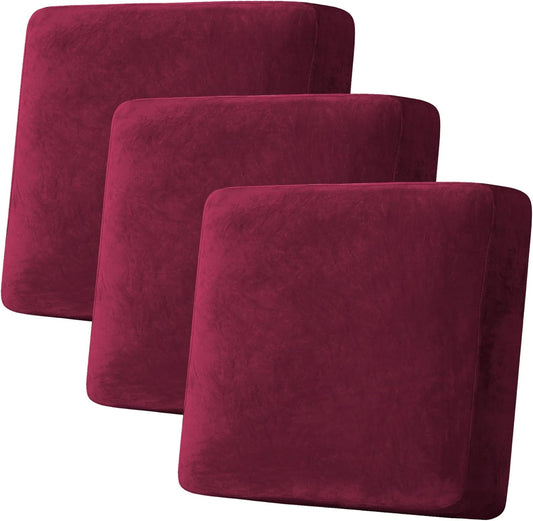H.VERSAILTEX Velvet Stretch Couch Cushion Cover Plush Cushion Slipcover for Chair Loveseat Sofa Cushion Furniture Protector Seat Cushion Sofa Cover (3 Piece XL Sofa Cushion Covers, Burgundy)