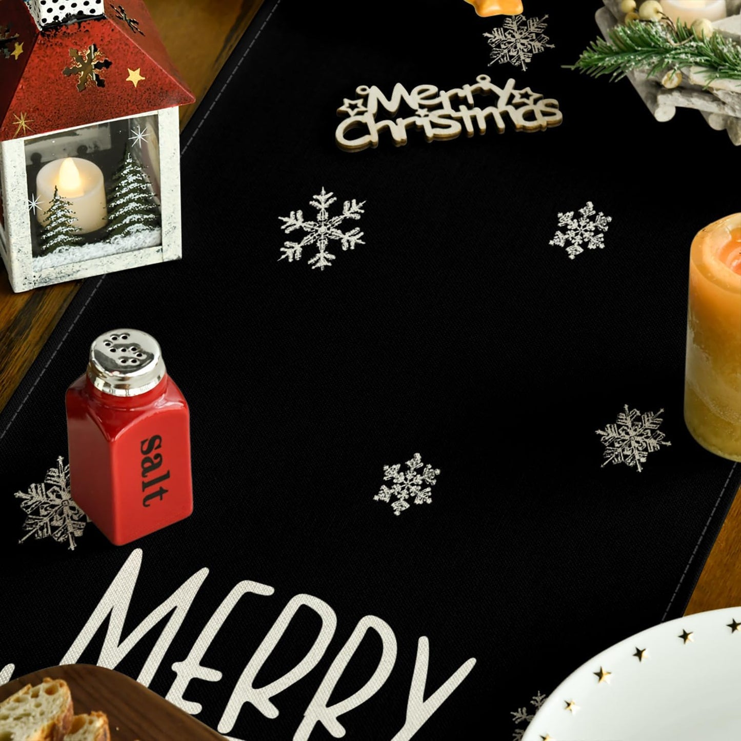 Artoid Mode Xmas Trees Snowflakes Black Merry Christmas Table Runner, Winter Seasonal Kitchen Dining Table Decoration for Home Party Decor 13x48 Inch
