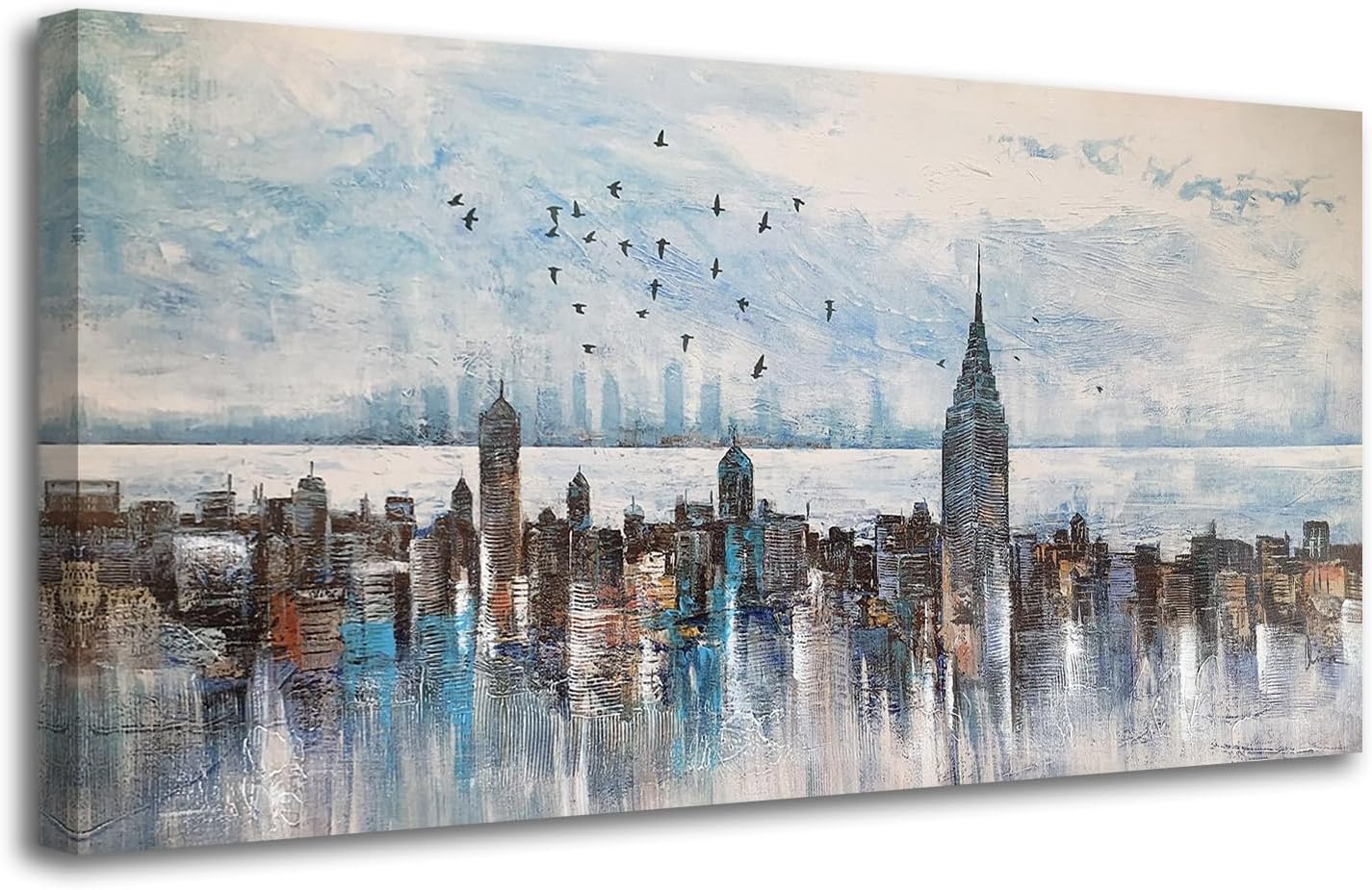 Arjun Cityscape Wall Art New York City Skyline Buildings Picture Modern Abstract Grey NYC Skyline Birds Painting Framed Artwork for Bedroom Living Room Bathroom Home Office Decor, Large Size 40"x20"