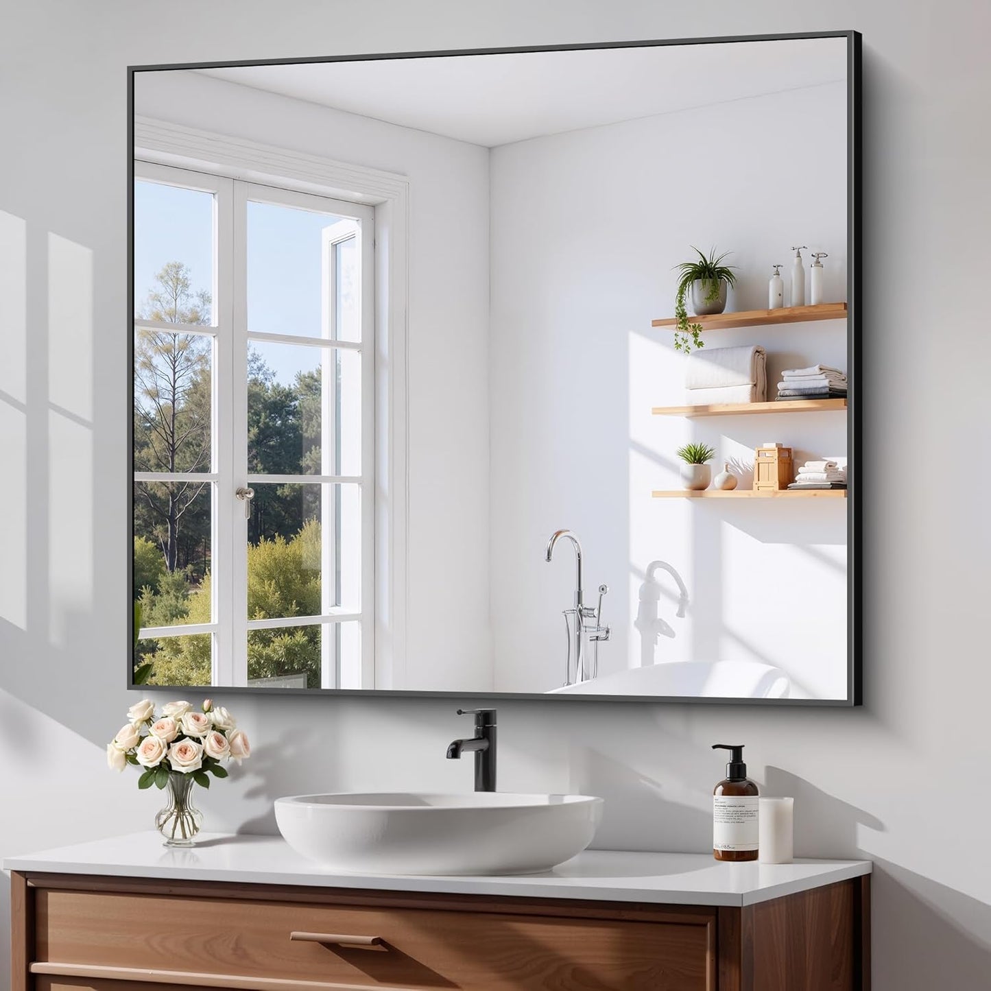 Black Bathroom Mirror for Wall, 36x40 Inch Rectangle Mirrors with Metal Frame, Modern Rectangular Wall Mirror for Bathroom Living Room, Entryway Hangs Horizontal or Vertical