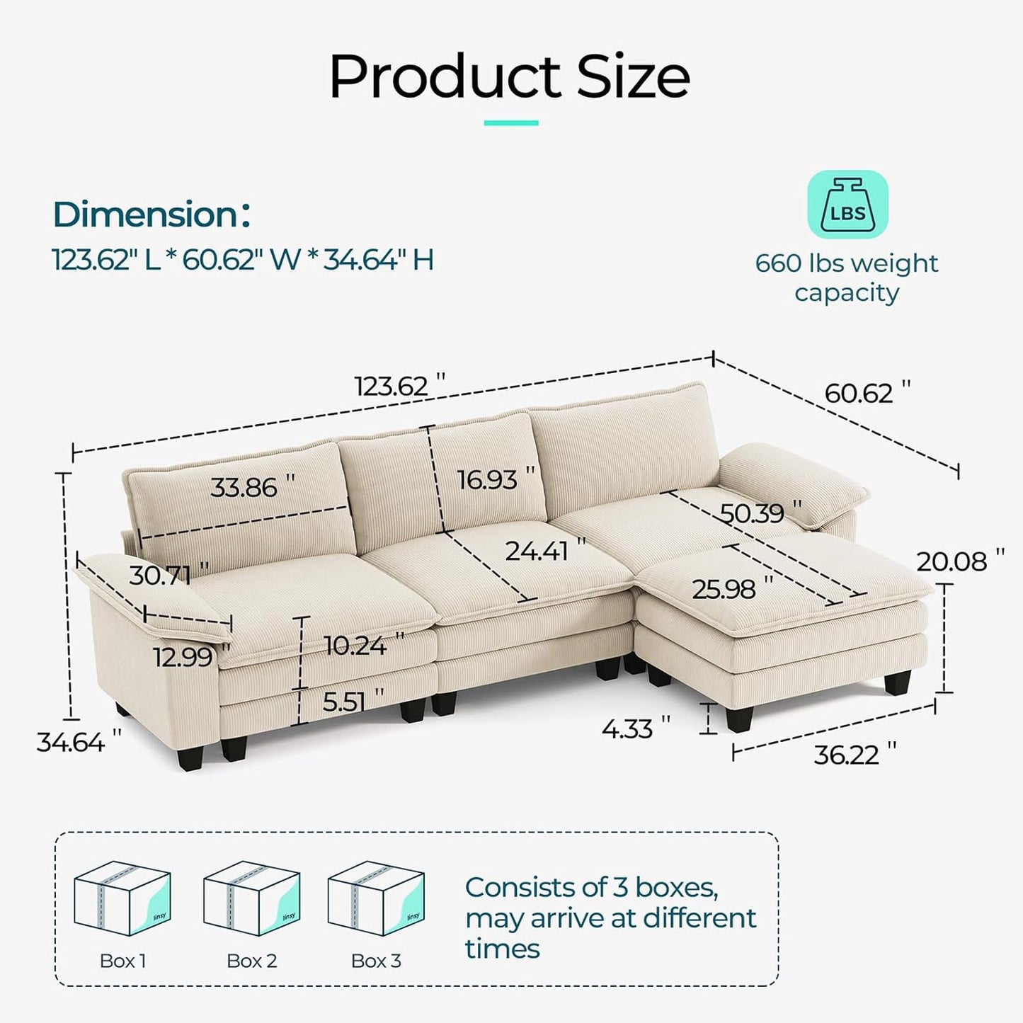 LINSY HOME Modular Sectional Sofa - 123'' Comfy Corduroy Cloud Sofa Oversized L Shaped Couch with Movable Ottoman, Soft Modern Sofa for Living Room Apartment, Beige