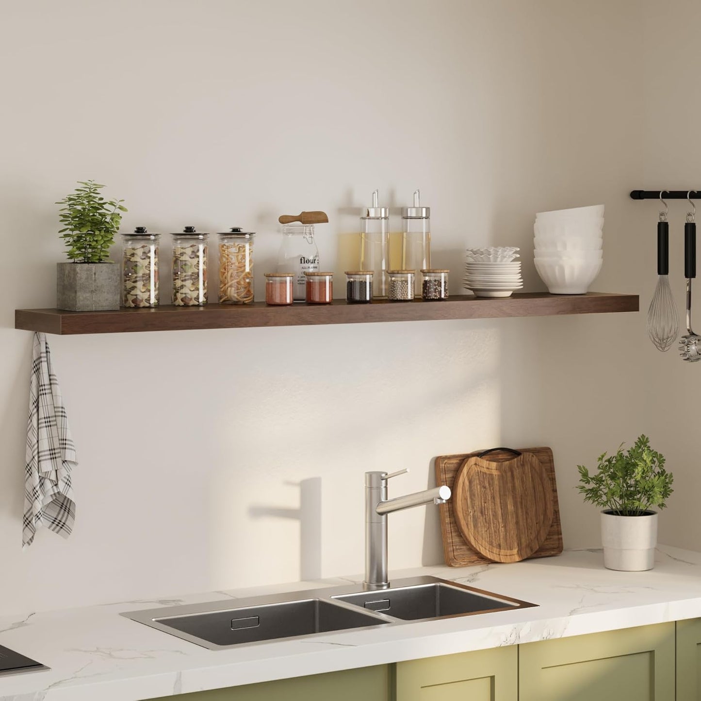 Floating Shelves for Wall, 72"W x 9.3"D x 1.5"H, Long Wooden Wall Mounted Display Shelves with Invisible Brackets for Living Room, Bedroom, Bathroom, Kitchen Decor and Storage, Set of 1, Walnut