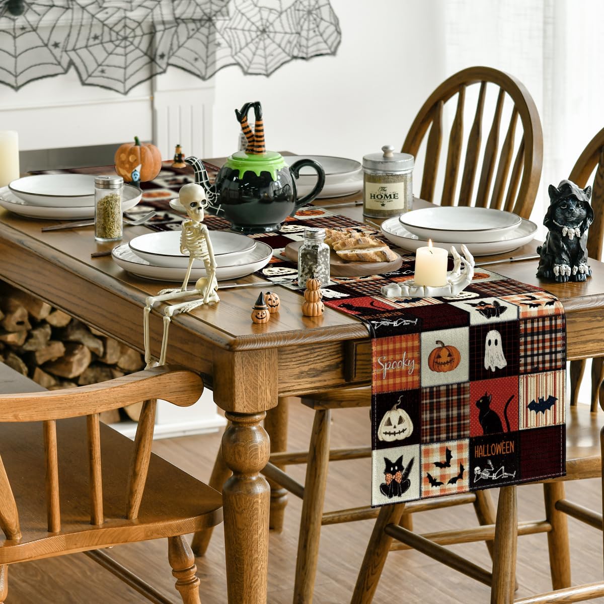 Artoid Mode Black Cat Bat Pumpkin Spooky 210 GSM Halloween Table Runner, Ghost Kitchen Dining Table Decoration for Home Party Decor 13x108 Inch