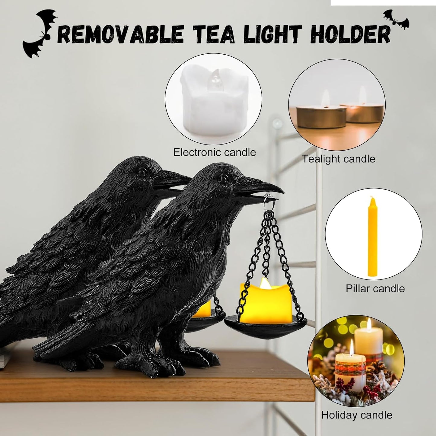Raven Gothic Home Decor Fake Crow Light Holder Raven Lamp Tealight Candle Holder Resin Raven Statue 2PCS