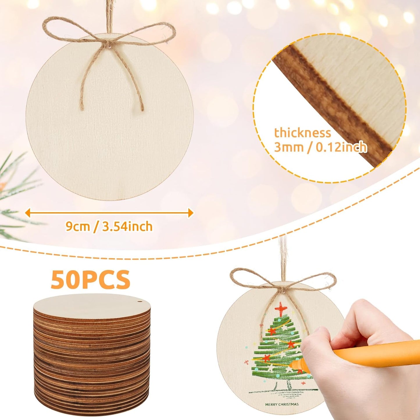 Philorn 50pcs Wooden Ornaments for Crafts 3.5" Unfinished DIY Wooden Christmas Ornaments, Predrilled Wood Slices Circles for Crafts Paint Holiday Hanging Decorations (50pc Rounds)