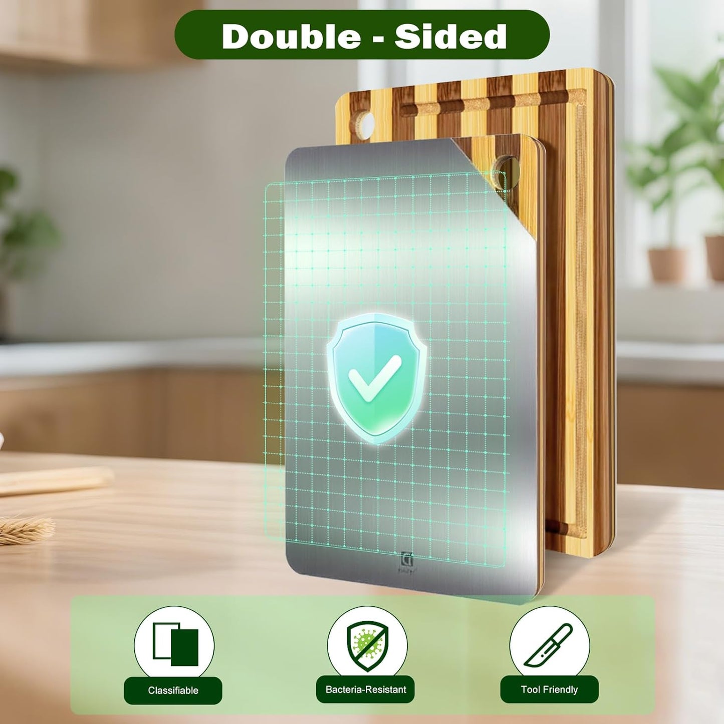 Titanium Cutting Board for Kitchen, Cutting Board Double Sided Food Grade, Pure Titanium and Natural Bamboo, with Deep Juice Grooves, Large Size 15.6”×11”