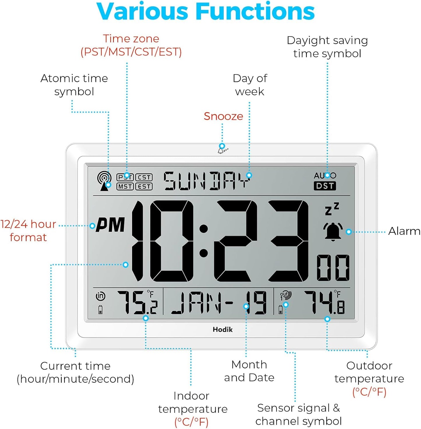 Wall Clock Atomic with Indoor Outdoor Temperature Battery Powered, Easy Reading with 10.5 Inch Large LCD Display, 330FT Range Table Wall Clock with DST, 12/24 Hour for Living Room Kitchen (White)