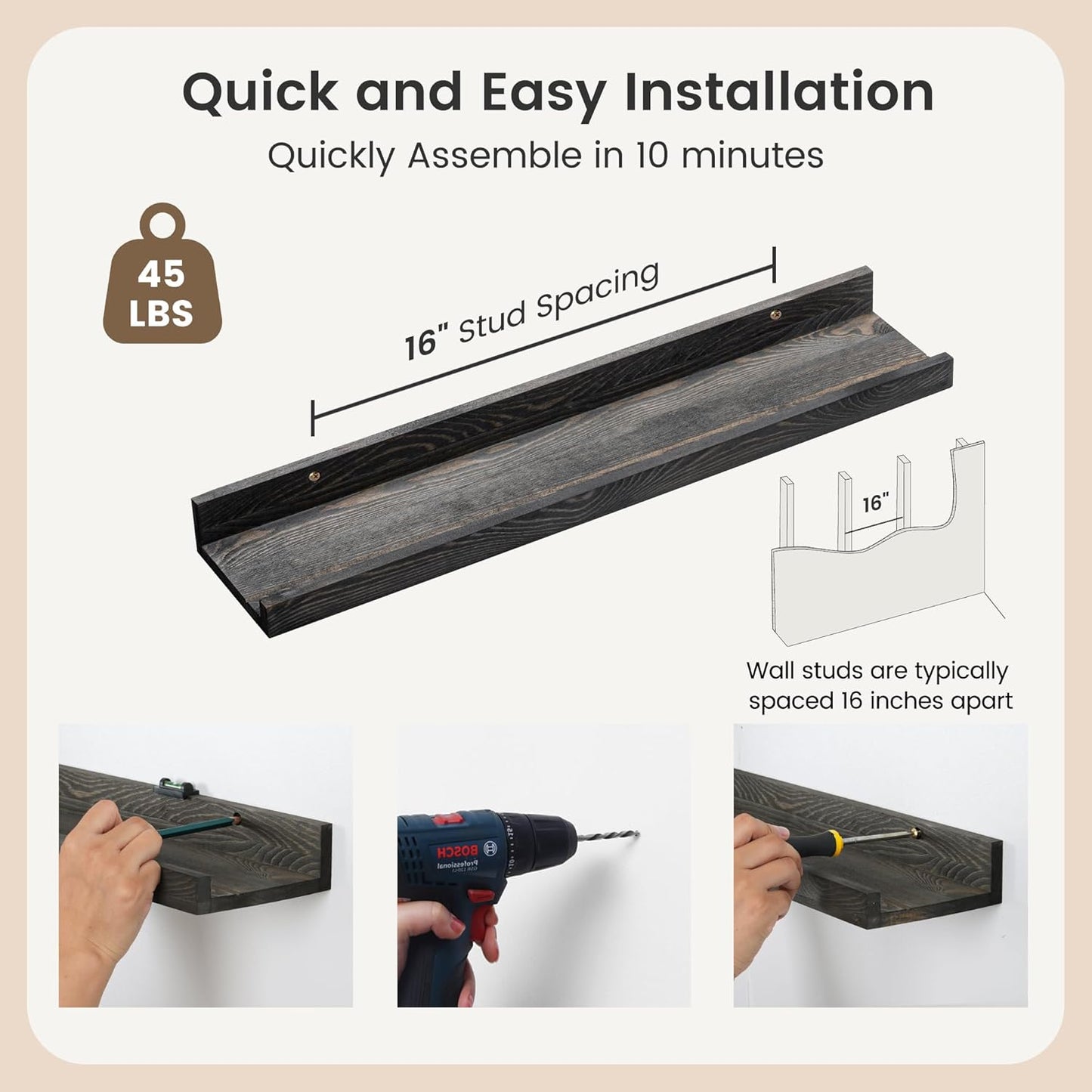 Picture Ledge Wall Shelves - 24 Inch Width Set of 3, Solid Pine Wood Rustic Floating Ledge Shelves for Kids' Room, Bedroom, Kitchen, Bathroom, Living Room, Nursery Display Wall Decor, Grey