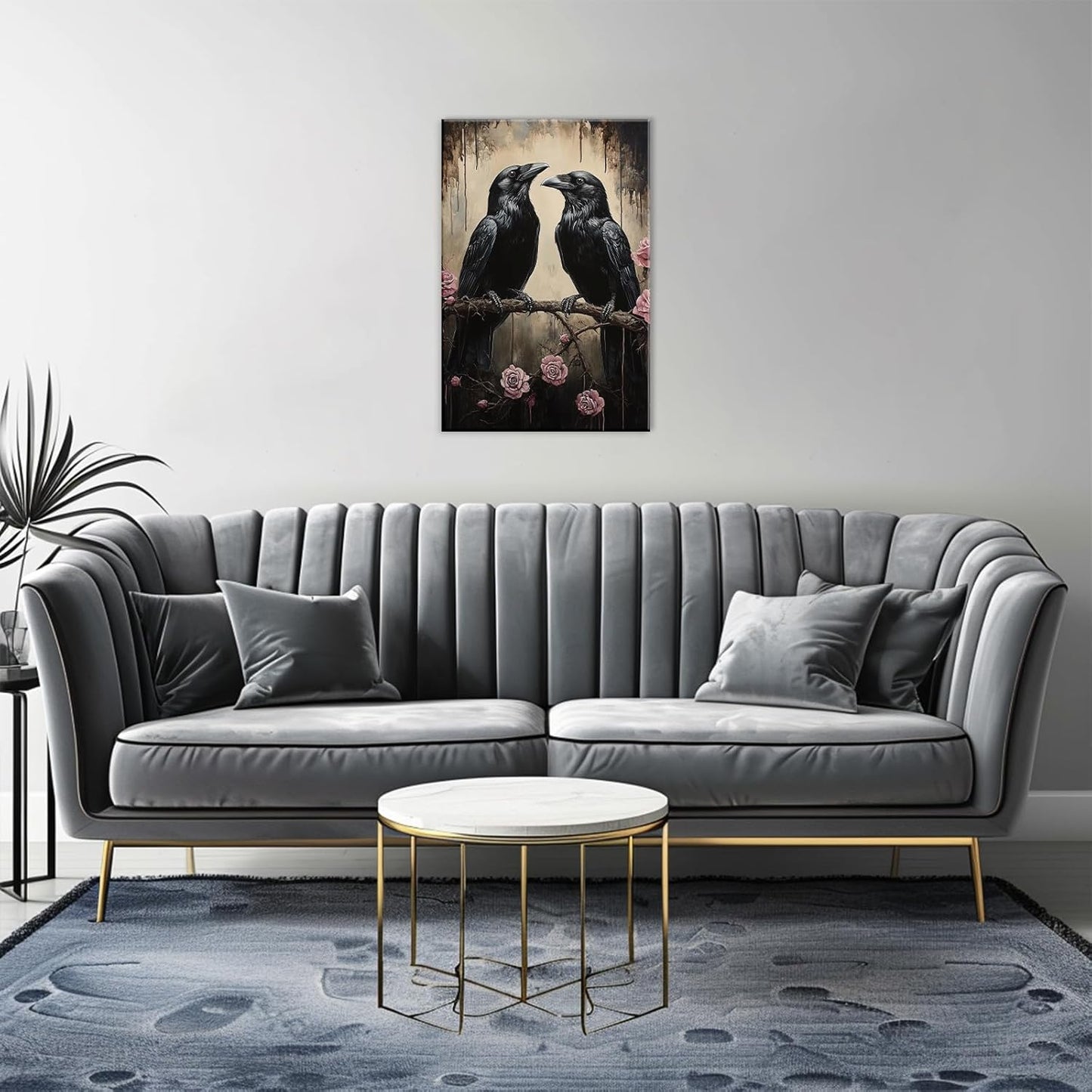 OAAPITI Crow Canvas Wall Art Black Raven Picture Print Pink Rose Poster Vintage Gothic Painting Artwork for Living Room Halloween Decor(Artwork-6,16"x24")