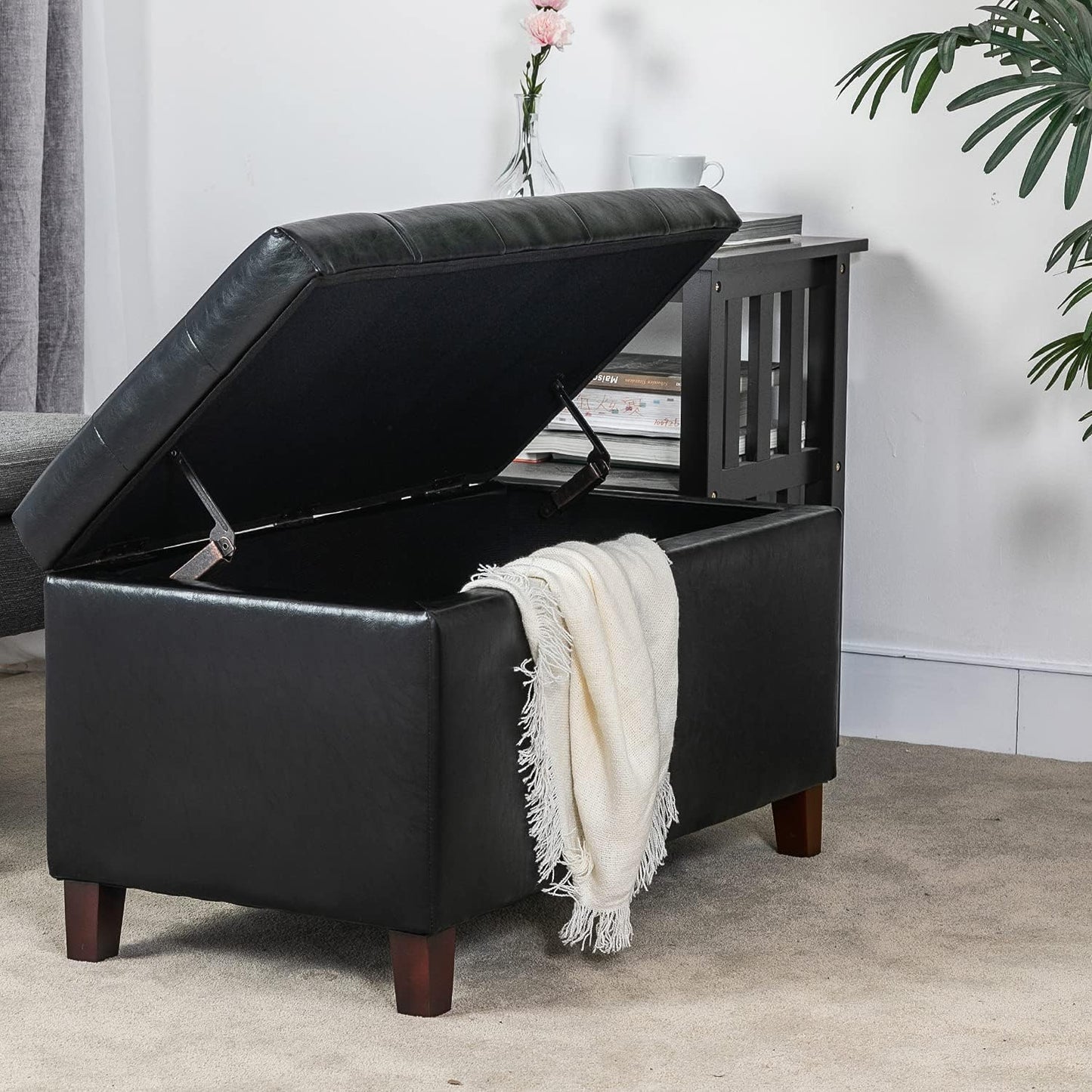 Asense Storage Ottoman Bench, Faux Leather Upholstered End of Bed Bench with Safety Hinge Wooden Legs, for Entryway Bedroom (Black, 33.3")