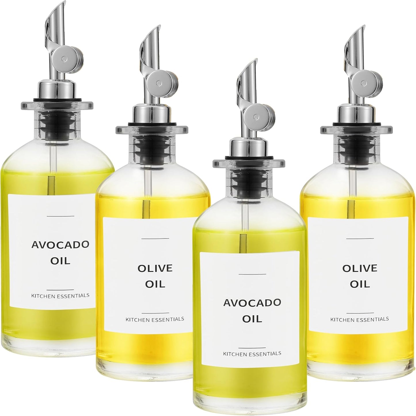 Olive Oil Dispenser Bottle - Includes 55 Kitchen Essential Labels - Cooking Oil Bottles for Kitchen, Coffee Syrup Dispenser - Pourer Spout with 11.8 fl oz Glass Container Cruet - 4pcs Silver