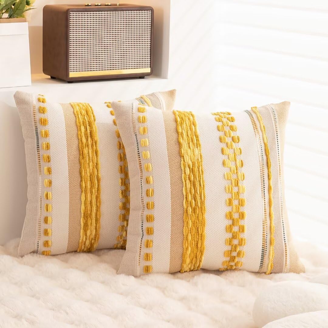 Boho Throw Pillow Covers 18x18 Set of 2 Farmhouse Decorative Cushion Case Striped Square Pillows Cover Chenille Pillow Cases Accent Neutral Pillowcase for Sofa Couch Bed,Yellow