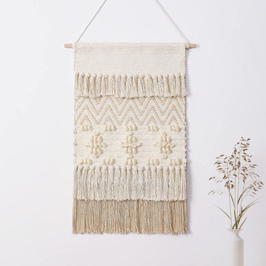 Dremisland Macrame Woven Wall Hanging Home Decor Bohemian Beige Geometric Wave Art Decor with Wool Ball and Tassle-Elegant Apartment Bedroom Dorm Room Door Decoration, 15.7" W x 22" L (Beige Wool Ball)