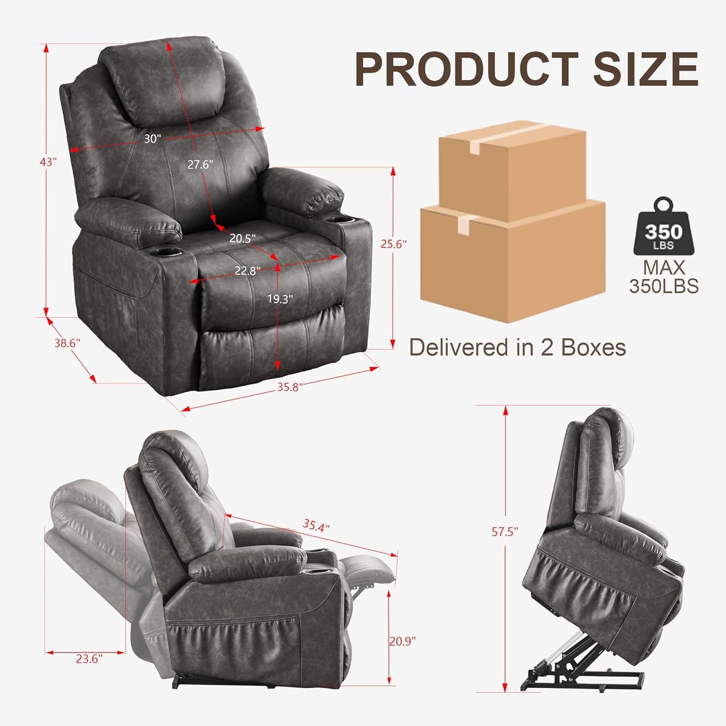 SALOHZA Power Lift Recliner Chair for Elderly with Massage and Heat for Living Room, Electric Recliner Chair for Adults with USB/Type C Port/Cup Holders, PU Faux Leather, Grey