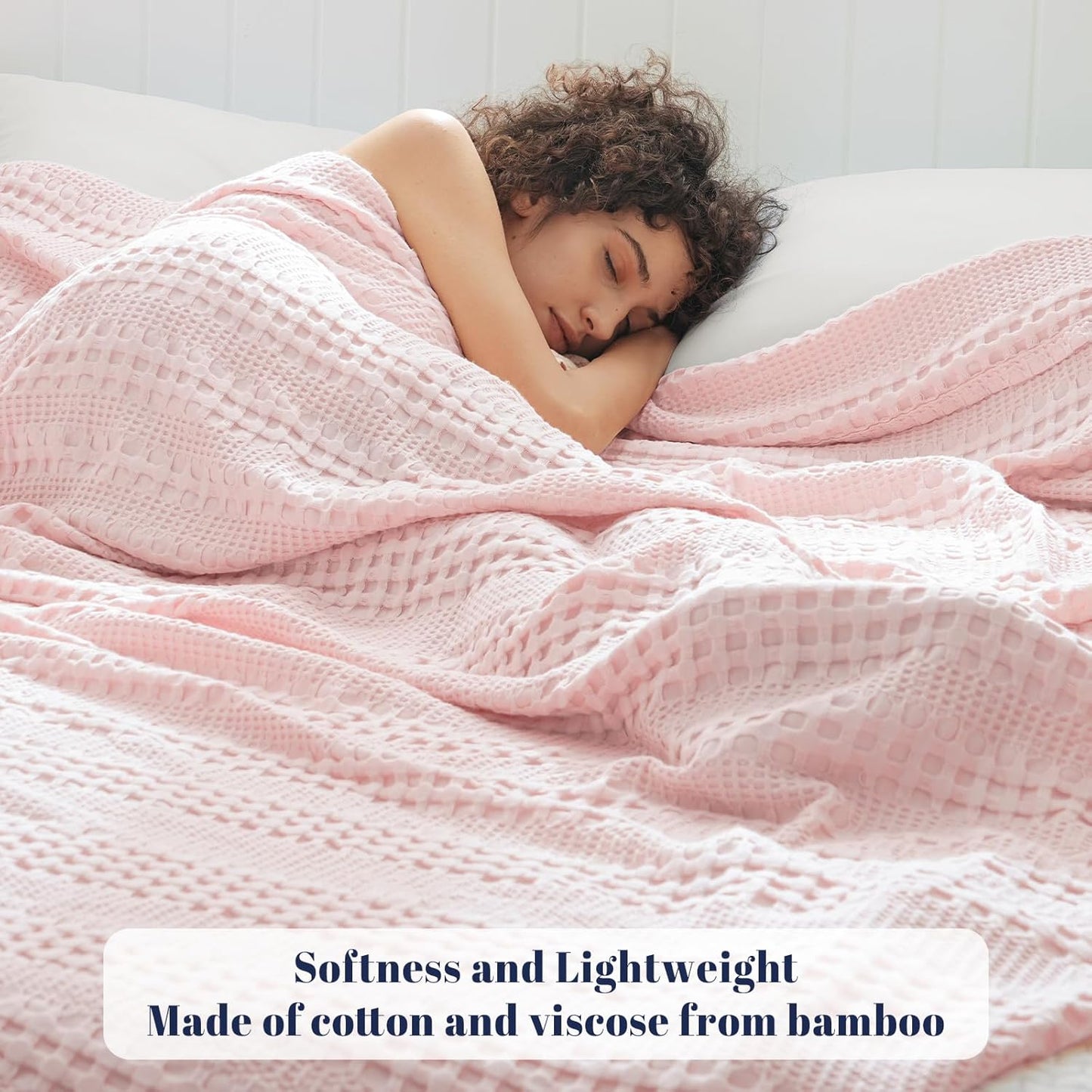 PHF Cooling Waffle Blanket Twin Size, Lightweight 60% Rayon Derived from Bamboo & 40% Cotton Breathable Blanket for Hot Sleepers, Soft and Luxury for Bed Couch and Sofa, 66"x90", Pink