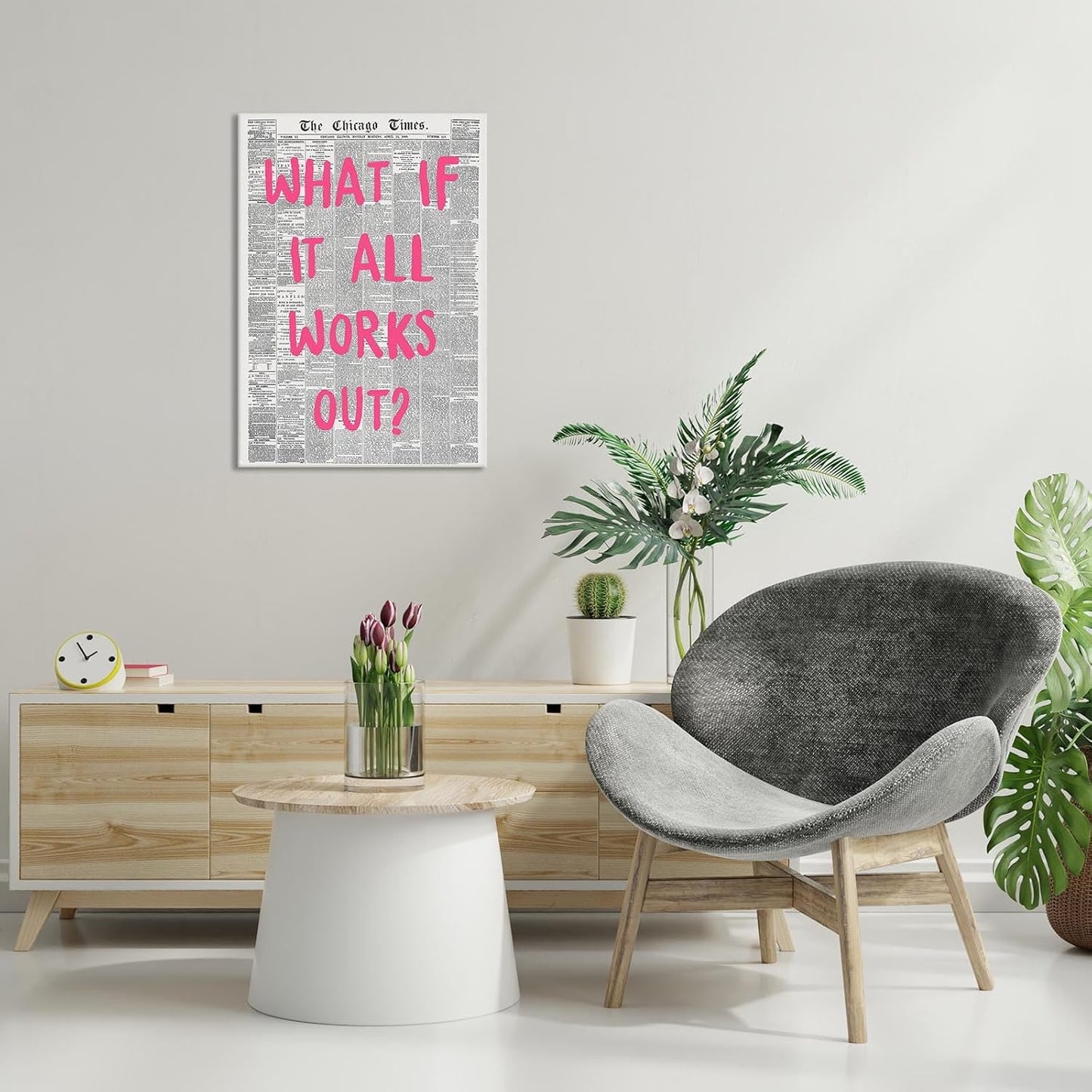 Liyark Retro Trendy Newspaper Canvas Wall Art What If All Works Out Poster Black And White Positive Affirmation Quote Wall Art Pink Font Wall Decor Minimalist Home Decor 24x36in Framed
