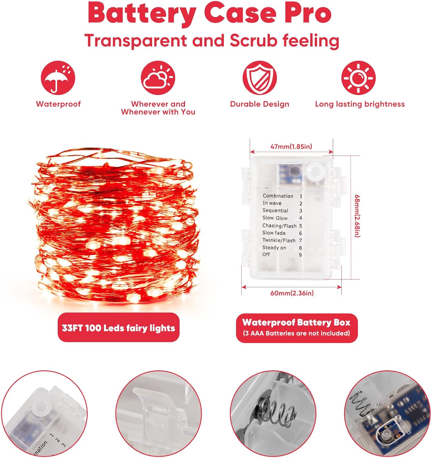 2 Pack 32.8 Ft. Battery Operated Outdoor String Lights with Remote & Timer, LED Red Fairy Lights, Waterproof Twinkle Lights for Bedroom, Dorm, Mason Jar, Wedding, Party, Christmas