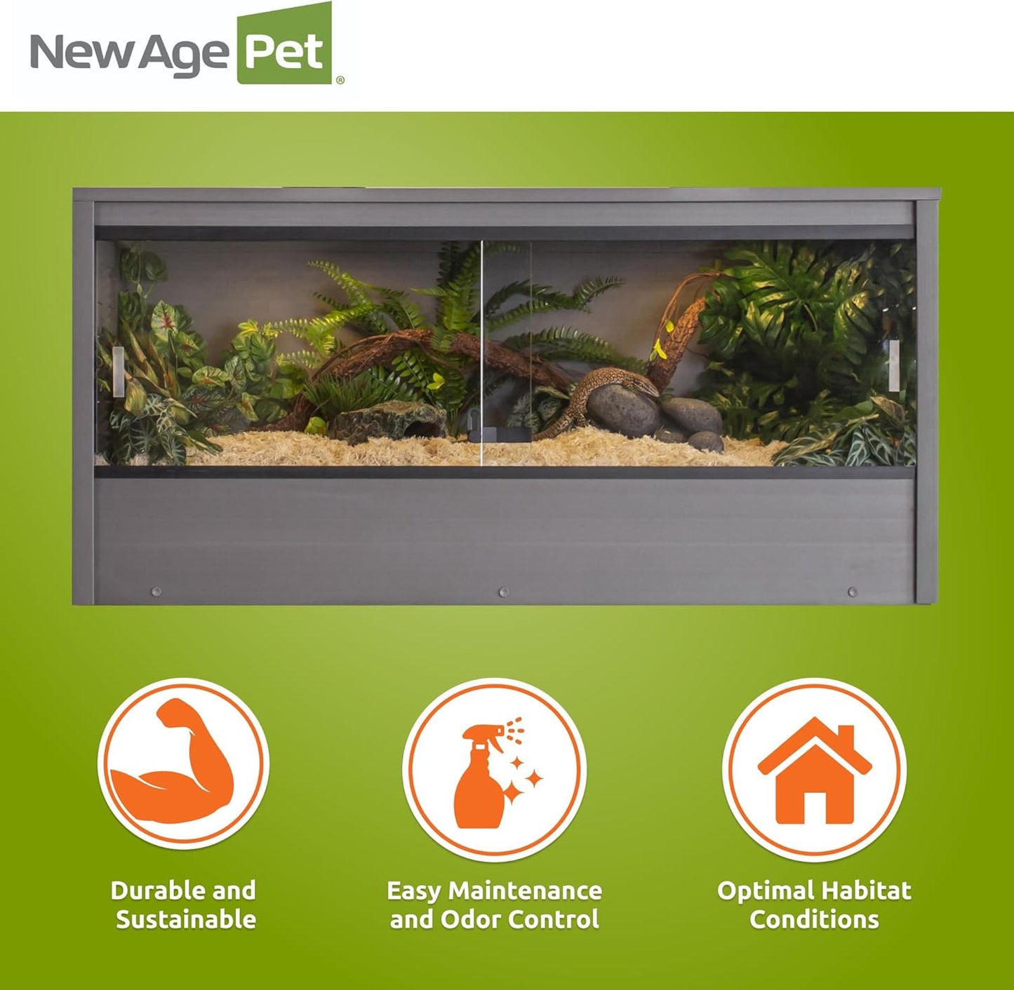 New Age Pet ECOFLEX 48-Inch Mojave Reptile Lounge in Grey- Durable Wood Plastic Composite Habitat with Vented Side Panels, Removable Sliding Glass Doors & Lock, Easy Assembly