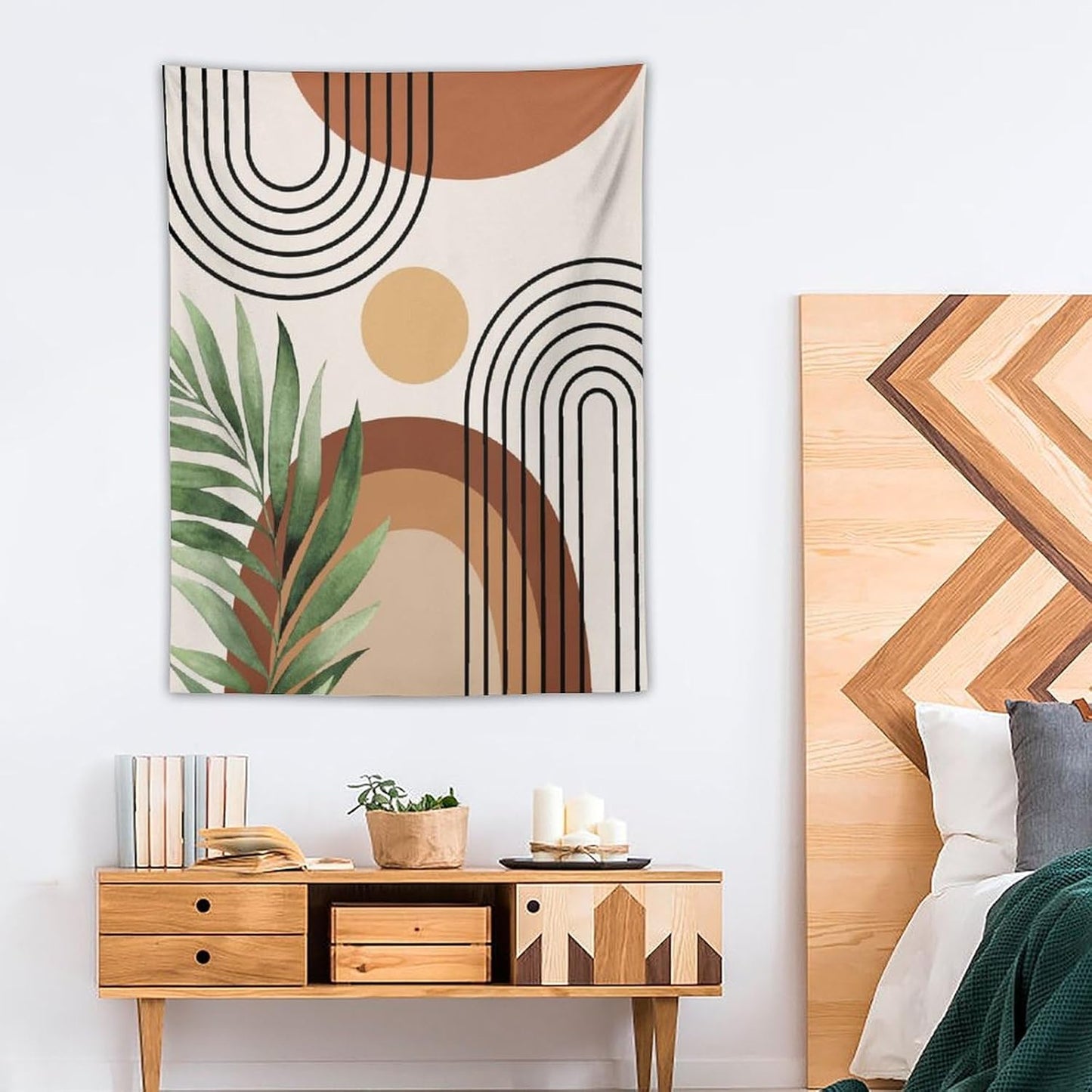 Abstract Bohemian Mid Century Tapestry, Tropical Leaves Modern Geometric Archway Minimalist Bohemian Botanical Aesthetic Wall Hanging, Sage Green Gold Home Decor Art for Bedroom 40x60 Inch