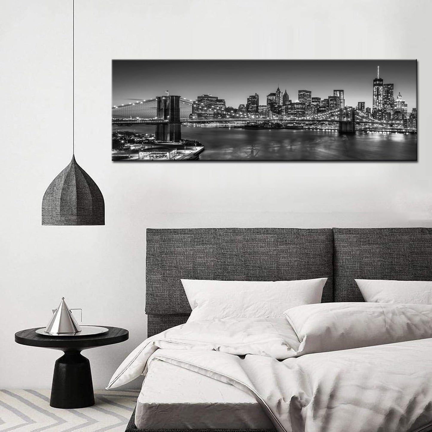 Biuteawal - Black and White Brooklyn Bridge Canvas Wall Art New York City Picture Print Manhattan Night Skyline Painting on Canvas Modern Home Office Wall Decoration Ready to Hang