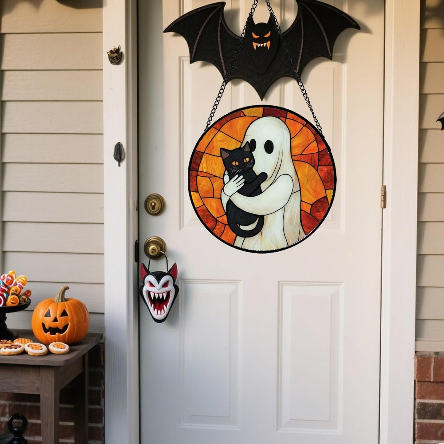 Stained Glass Window Hanging - Halloween Decorations White Ghost Black Cat Suncatcher for Doors Garden Spooky Funny Orange Sun Catchers Gothic Decor Horror Gifts for Women Men Friend 6.3 in