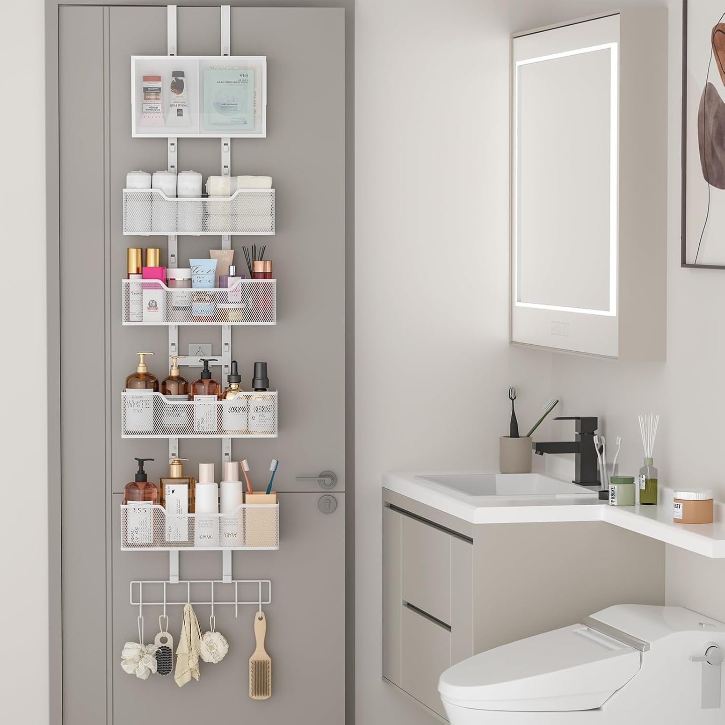 Adjustable Over The Door Organizer, Hanging Door Storage with PVC Pocket and 4 Metal Baskets Wall Mount, Closet Door Organizer Behind Door Rack for Bathroom Bedroom Closet, White