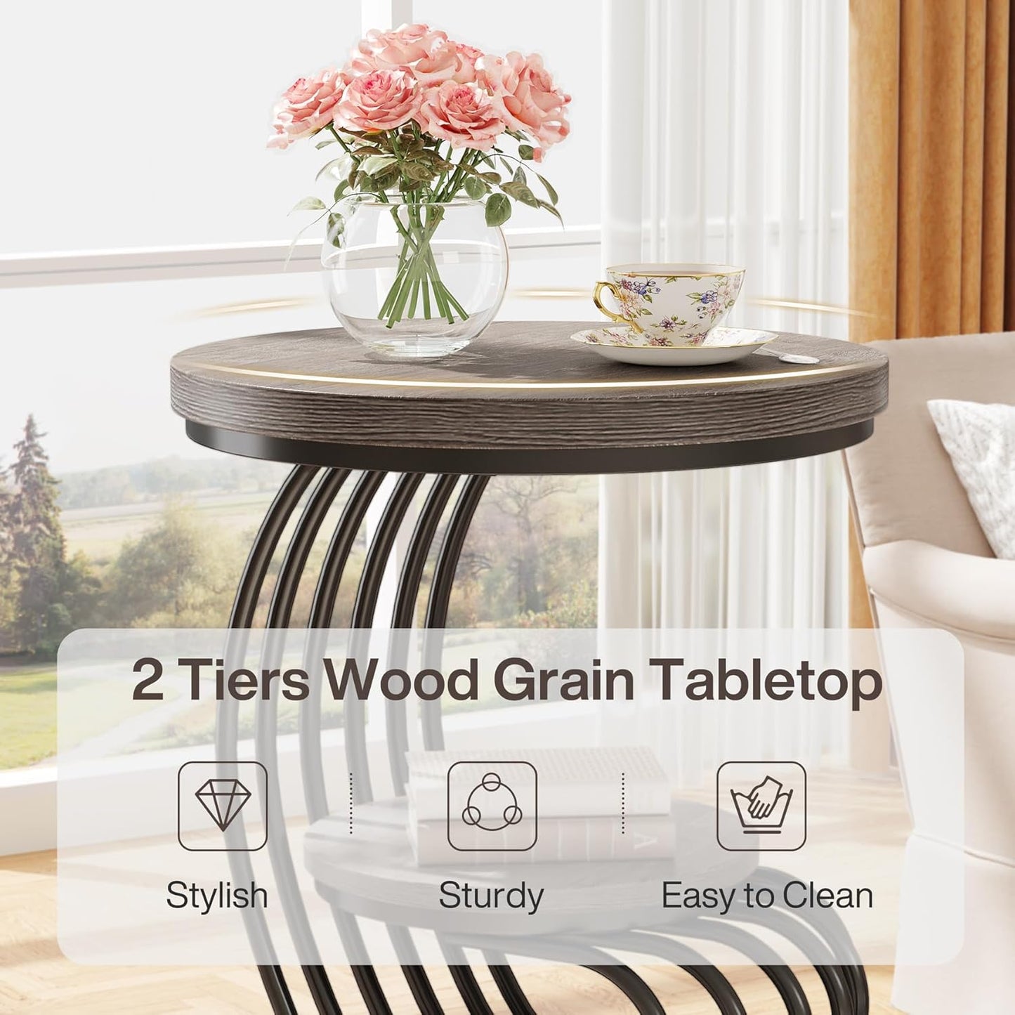 Tribesigns Round End Table: 2 Tiers Wood Side Table with Storage Shelf, Rustic Gray Bedside Nightstand, Metal Arc-Shaped Frame Accent Table for Living Room, Bedroom