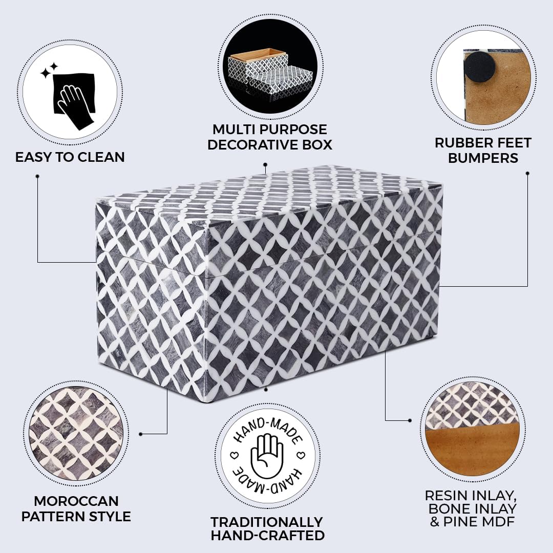 Handicrafts Home White Handmade Keepsake Organizer with Lid Decorative Storage Box- Star Pattern Collection Memories Holder for Jewelry, Photos & Cards- Home Decor Accents- Bone & Resin Inlay- 10x5x5