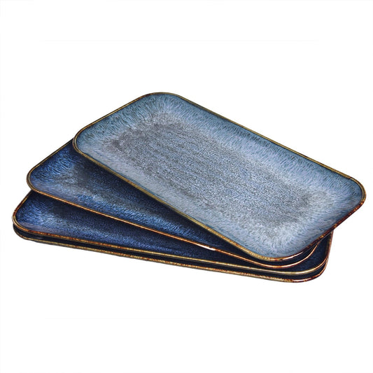 Ceramic Dinner Plates Dish Set,Set of 4, for Lunch snacks - Microwave, Oven & Dishwasher Safe,Scratch Resistant, Dinnerware Kitchen Porcelain Serving Dishes,Blue 12.4 Inch Rectangle plate