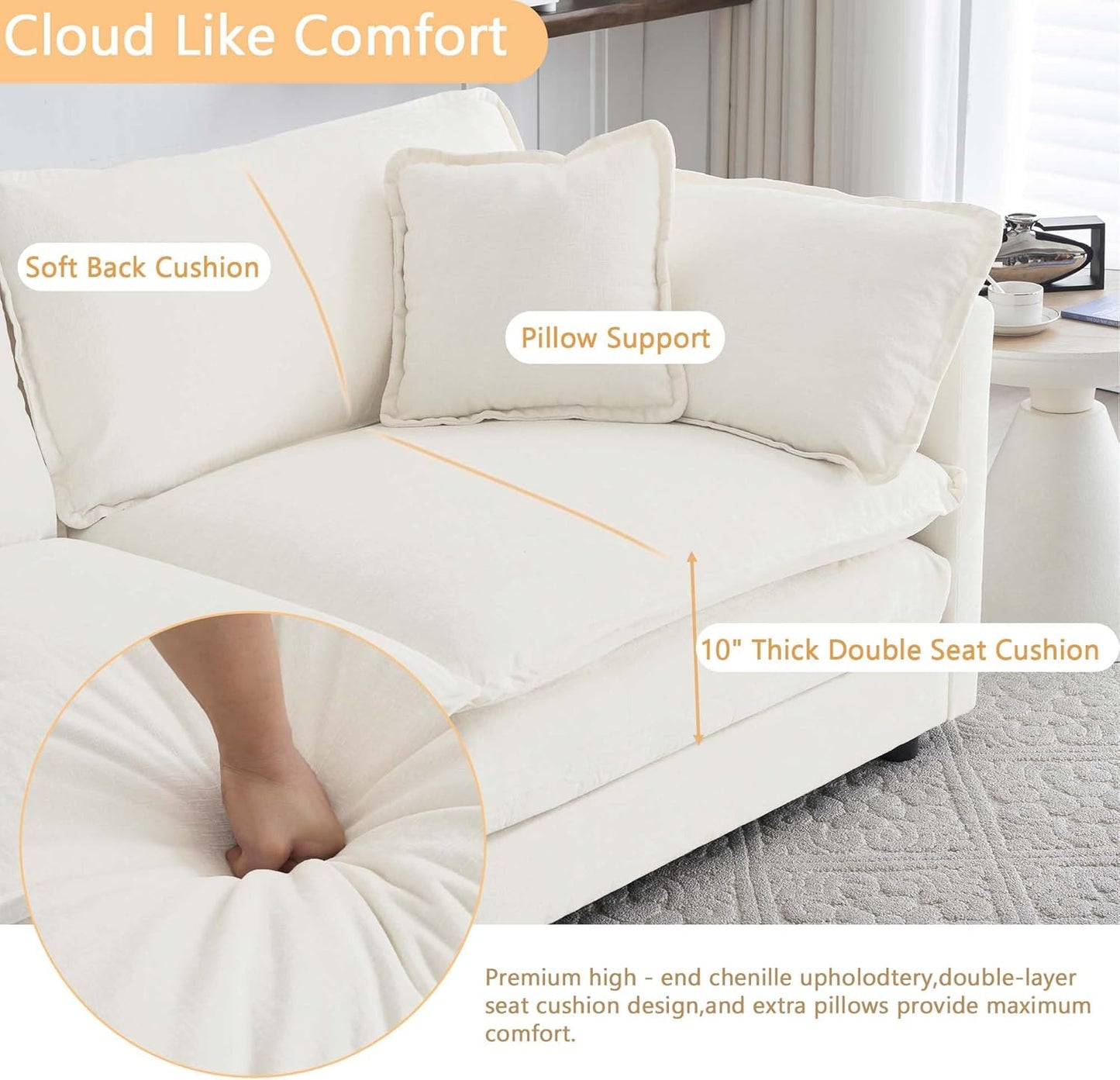 Sectional Sofa 3 Seater with Movable 2 Ottomans,Oversized Modular Couch Deep Seat (Beige, 111.5 inch-U)