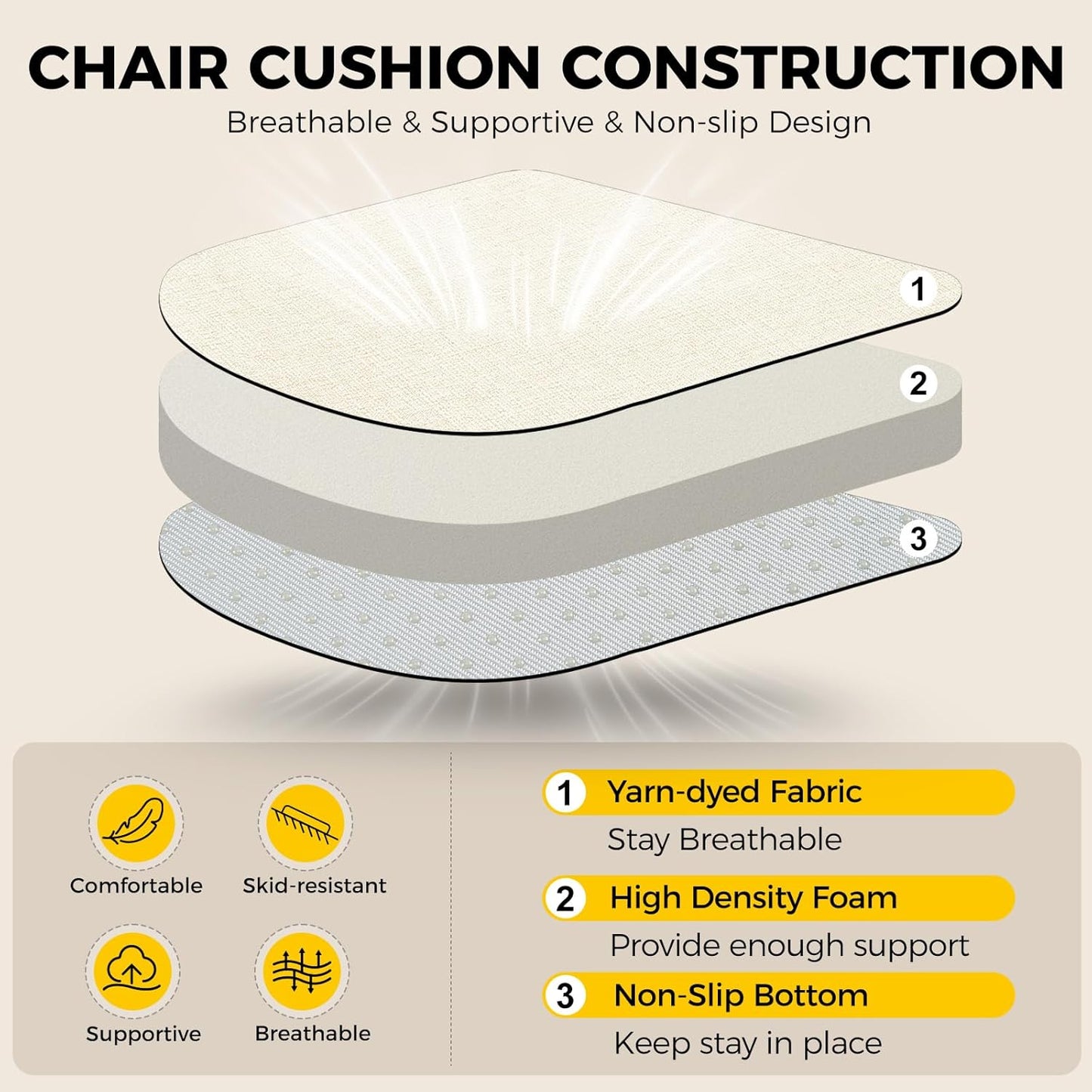downluxe Indoor Chair Cushions for Dining Chairs, Foam Kitchen Chair Pads with Ties and Non-Slip Backing, 16" x 16" x 2", Beige, 6 Pack