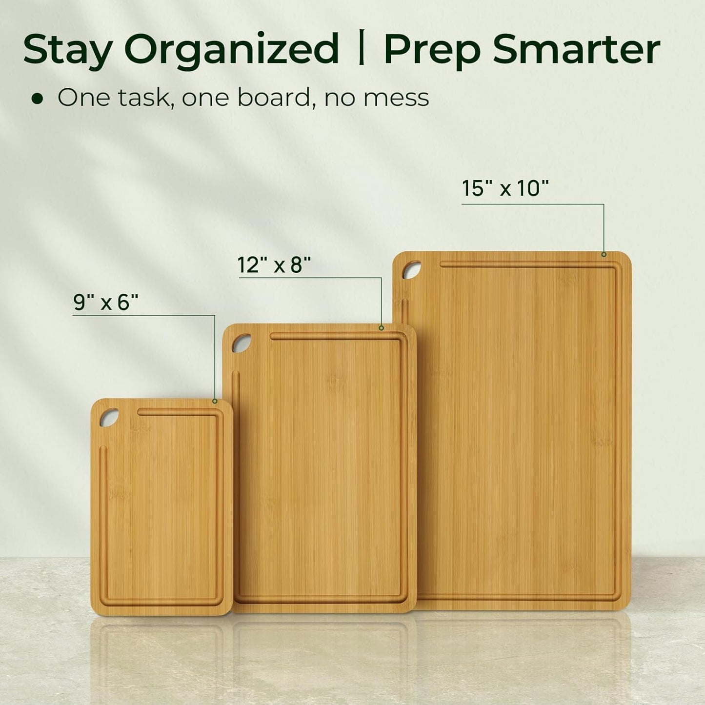 Wood Cutting Board for Kitchen - Reversible Bamboo Cutting Boards Gift Set of 3 with Juice Groove, Wooden Chopping Board for Meat, Fruit, Vegetables & Cheese (Pre Oiled, Natural)