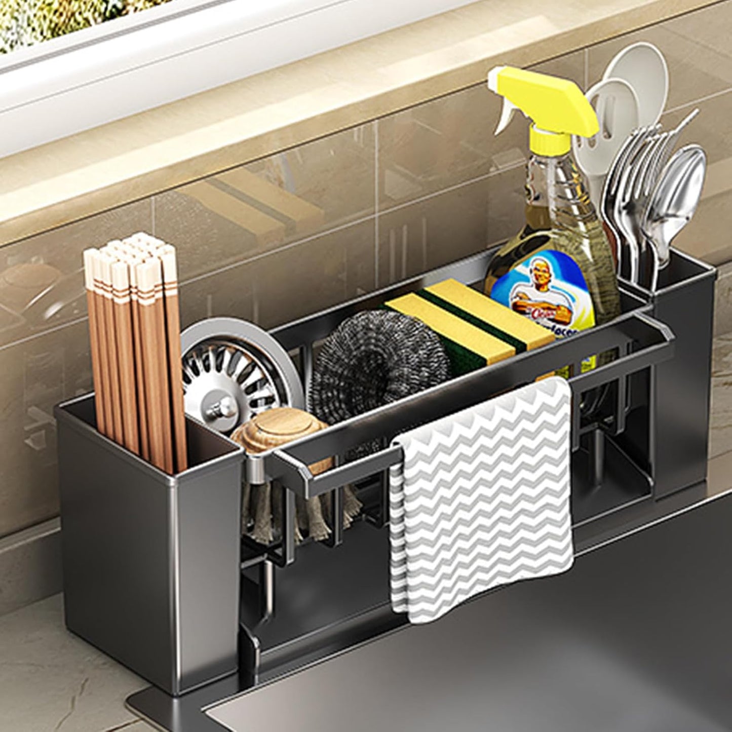 Utensil Holder, 3 Compartments Utensil Drying Rack, Dish Drainer for Kitchen Counter,Kitchen Utensils Holder with Towel Bar,Self-Draining Tray Design(Gray)