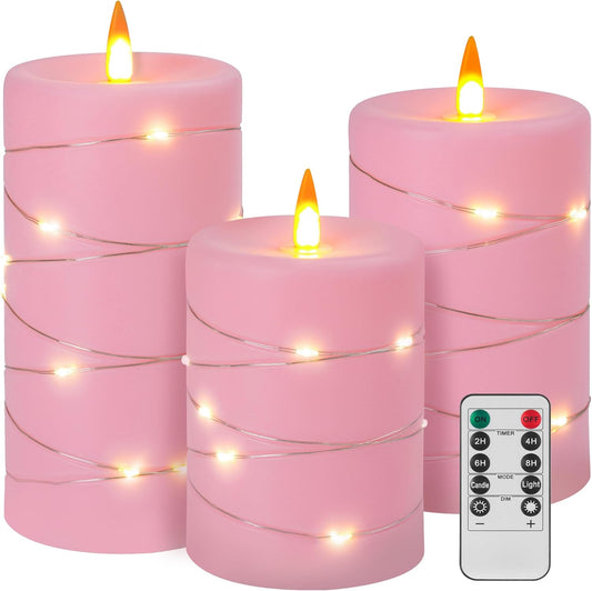 Rose Pink Flameless Candles with String Lights Battery Operated Flickering LED Pillar Candles 4‘’ 5‘’ 6‘’ Candle with Remote Control, Set of 3