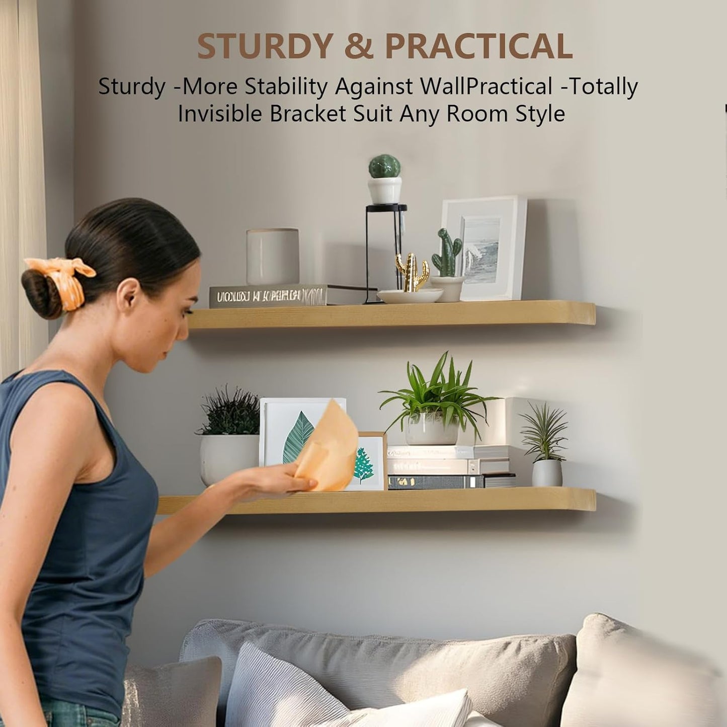 Solid Wood Floating Shelves Set of 2 - Natural, Warp & Crack Resistant 23.62 Inch Wall Shelf with Invisible Brackets Thicker, More Durable for Bathroom, Bedroom, Kitchen, Living Room (Wood, 23.62)