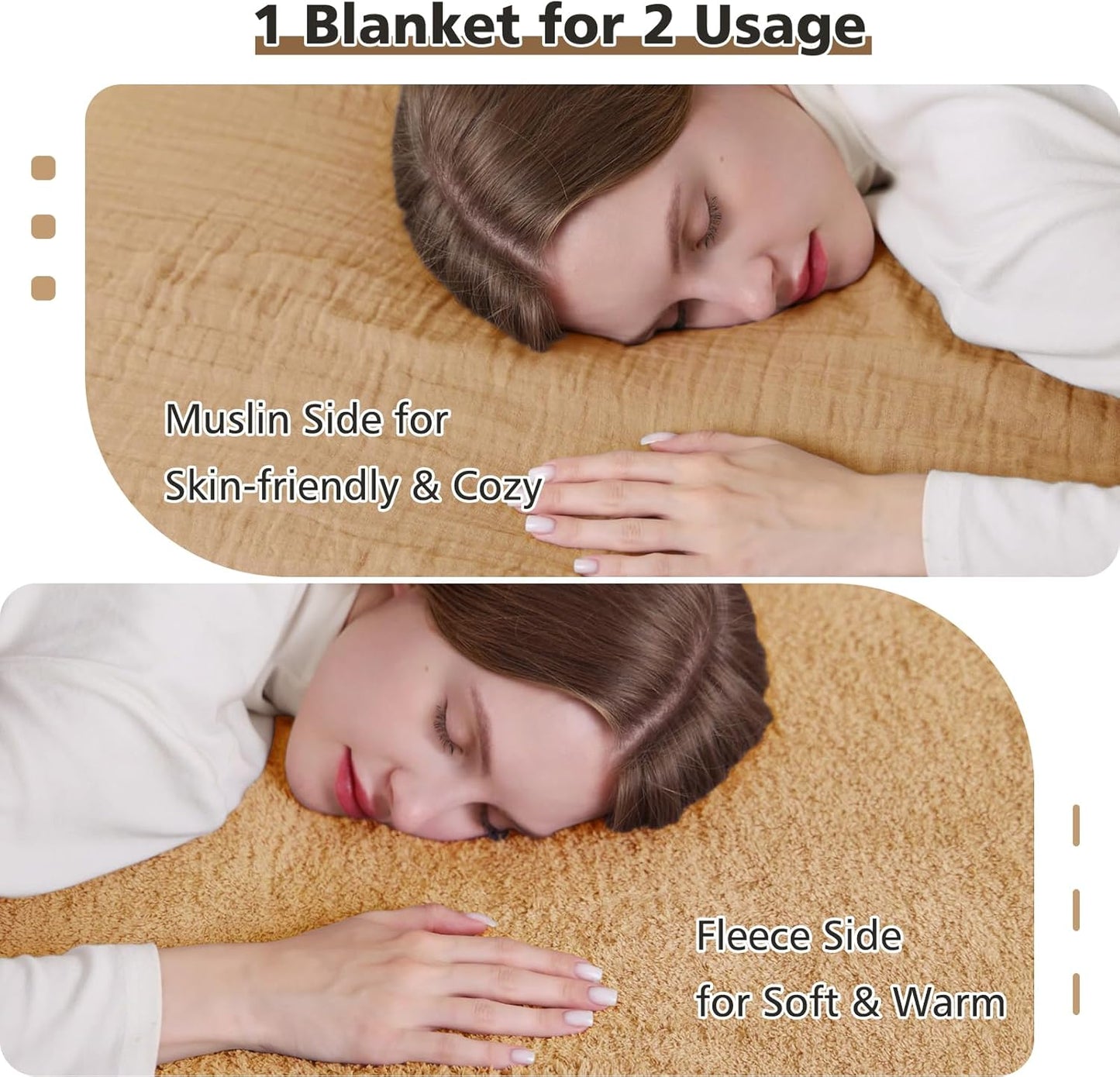 EMME Muslin and Fleece Queen Blanket Reversible - 80"*90" Beige Soft Warm Throw Blankets for Couch Bed Picnic Travel Bed