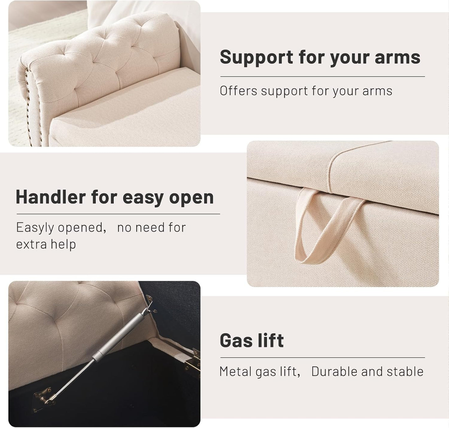 Furniliving Storage Ottoman Bench for Bedroom, Upholstered End of Bed Bench with Solid Wood Legs Modern Shoe Storage Bench Indoor Bench for Living Room Entryway Bench Furniture,Beige, Linen