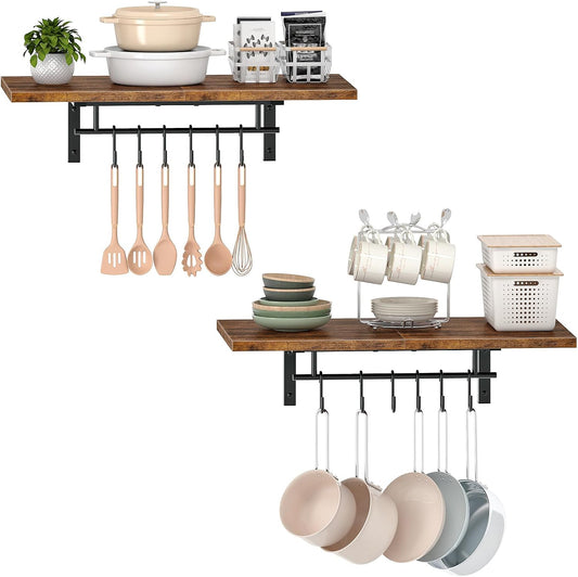 Wall-Mounted Pot Racks, Set of 2 Hanging Pot Rack, Floating Shelves, Wall Shelves, Vintage Pot Hangers for Kitchen, Wall Rack for Kitchen Storage, Rustic Brown and Black TPR26P2BF