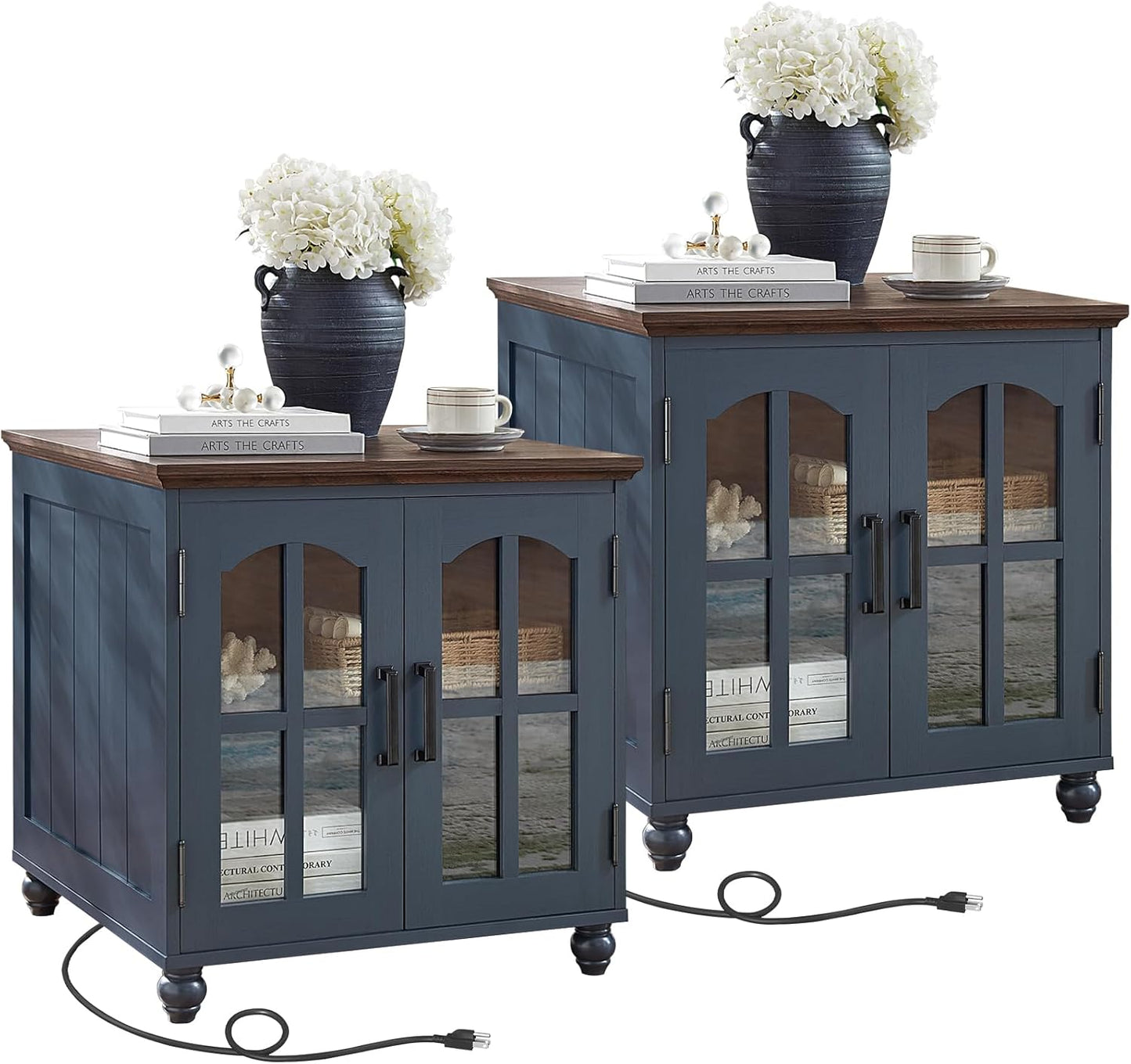 Farmhouse 24" End Table Set of 2 with Charging Station, Large Sofa Side Table with Glass Barn Door,Wood Night Stand with Adjustable Storage Shelf,Square Bedside Table for Living Room,Bedroom