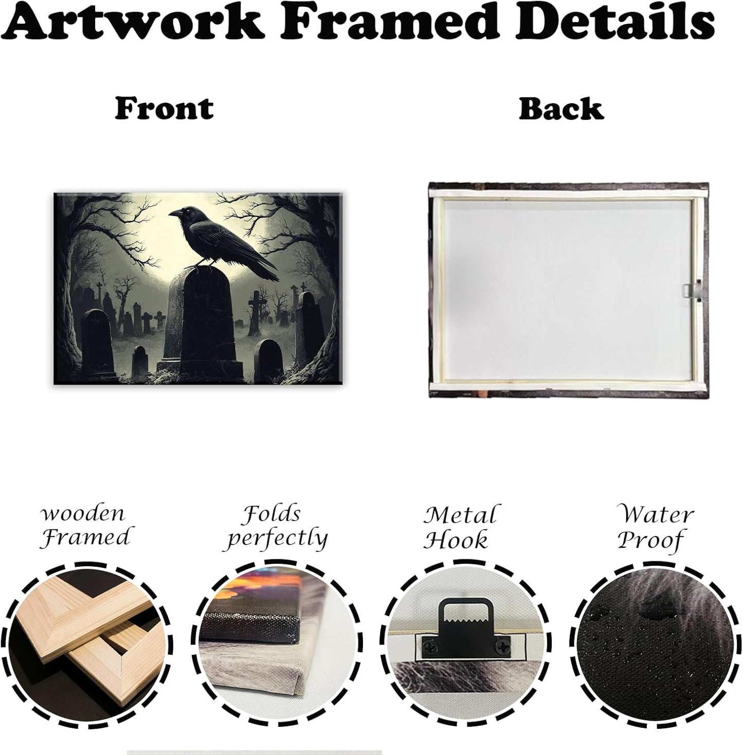 Crow Canvas Wall Art Gothic Black Bird On Branch Painting Print Spooky Forest Full Moon Scenery Poster Artwork Framed Halloween Home Decor(Artwork-3,28"x42")